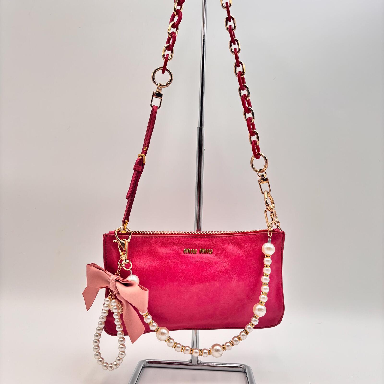Miu Miu Pink Leather Pochette Shoulder Bag With Added Chains & Charms