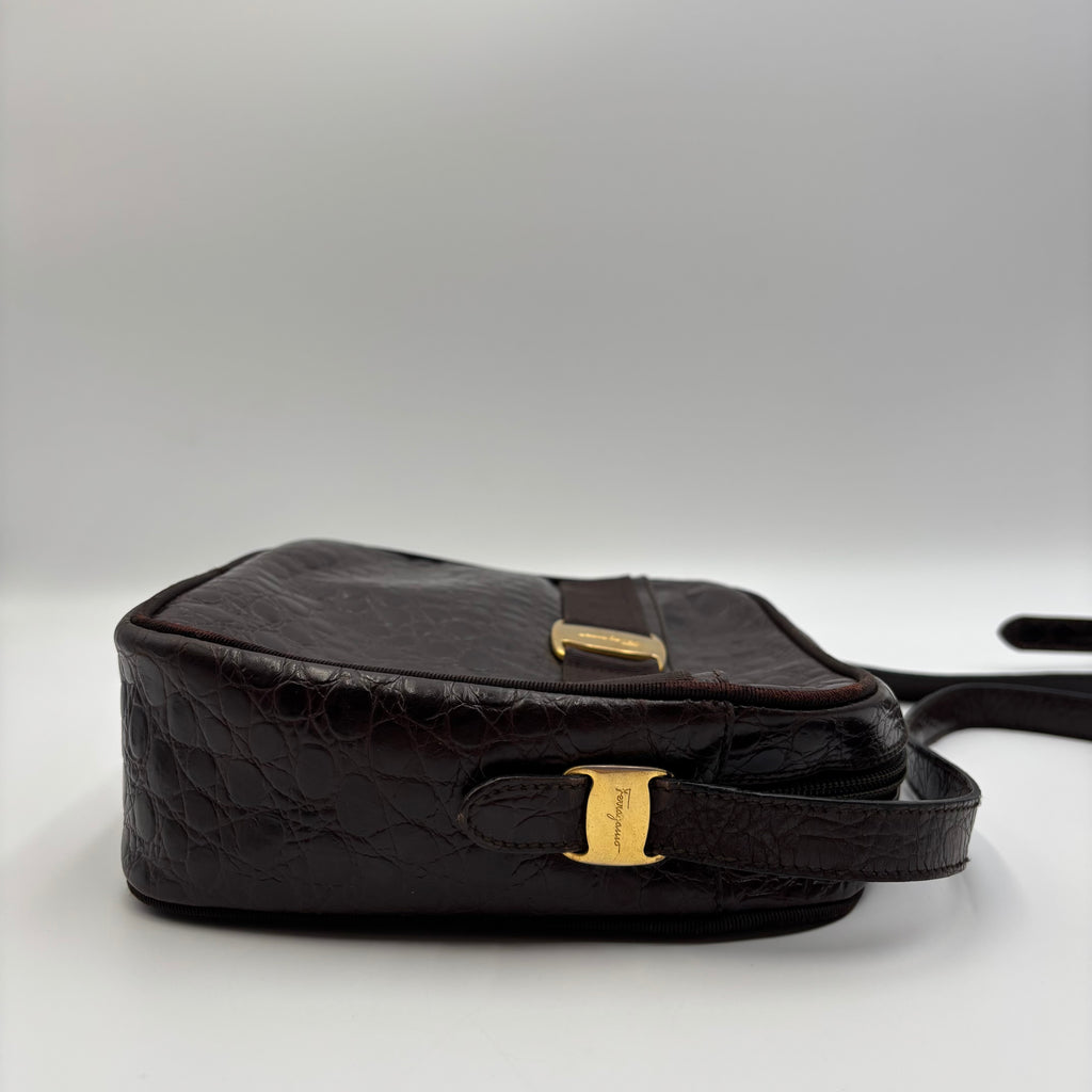 Salvatore Ferragamo Vara Croc-Embossed Leather Crossbody Bag in Dark Brown