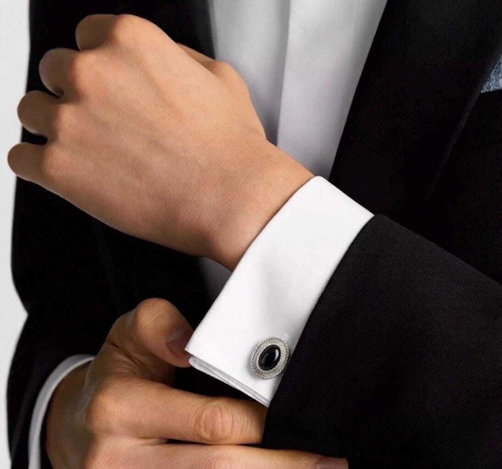 Christian Dior Silver Tone Oval Cufflinks with Black Cabochon