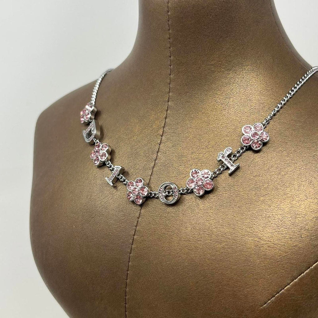 Christian Dior Crystal Floral Logo Charm Silver Chain Necklace