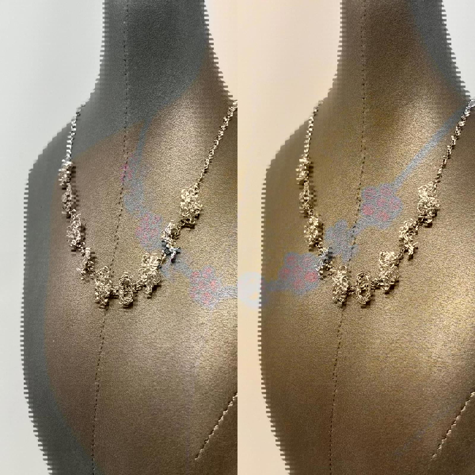 Christian Dior Crystal Floral Logo Charm Silver Chain Necklace