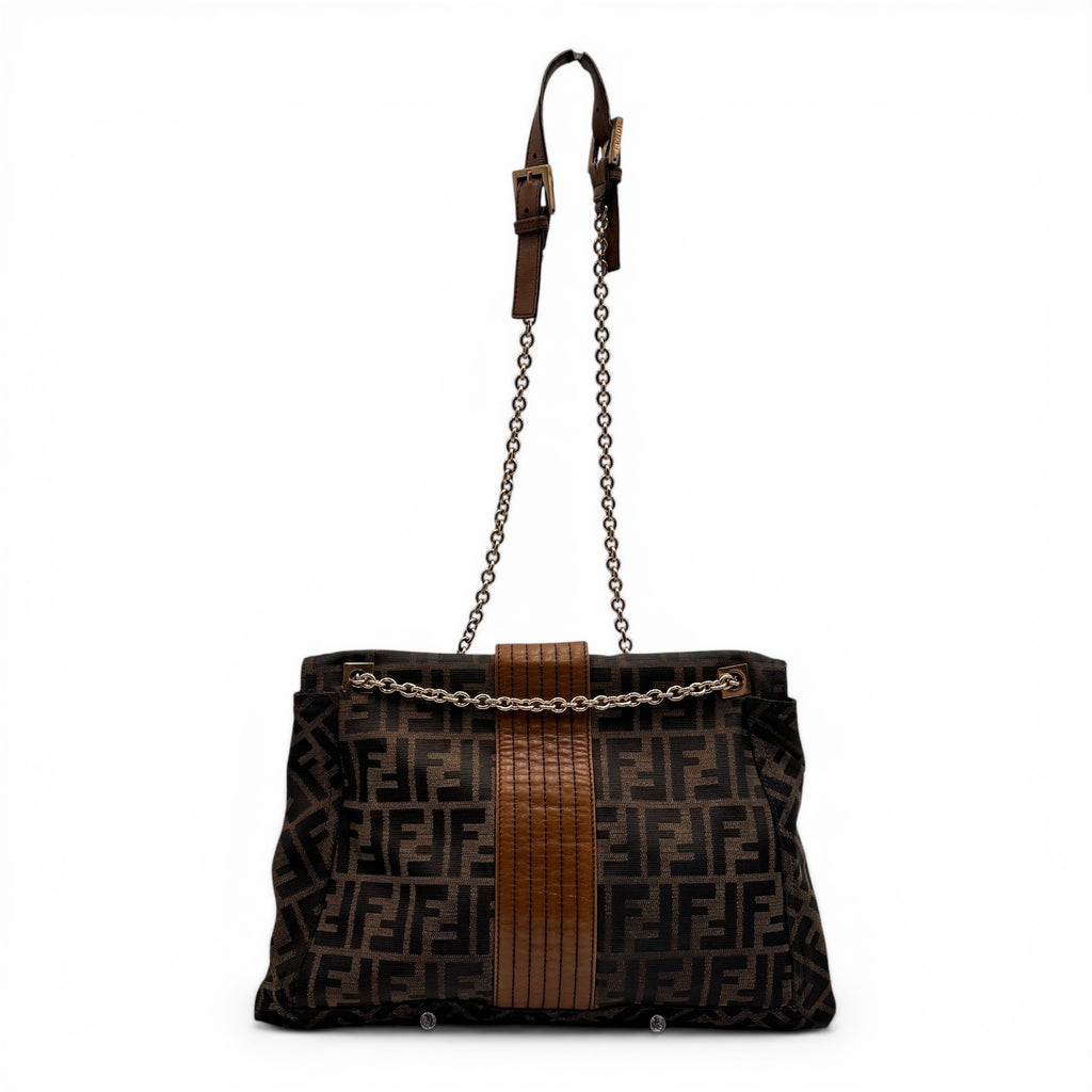 Fendi Zucca FF Canvas Shoulder Bag Brown Gold Hardware