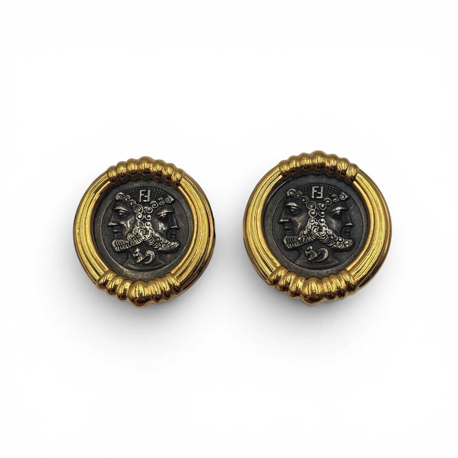 Fendi Janus Coin Clip On Earrings Gold Tone