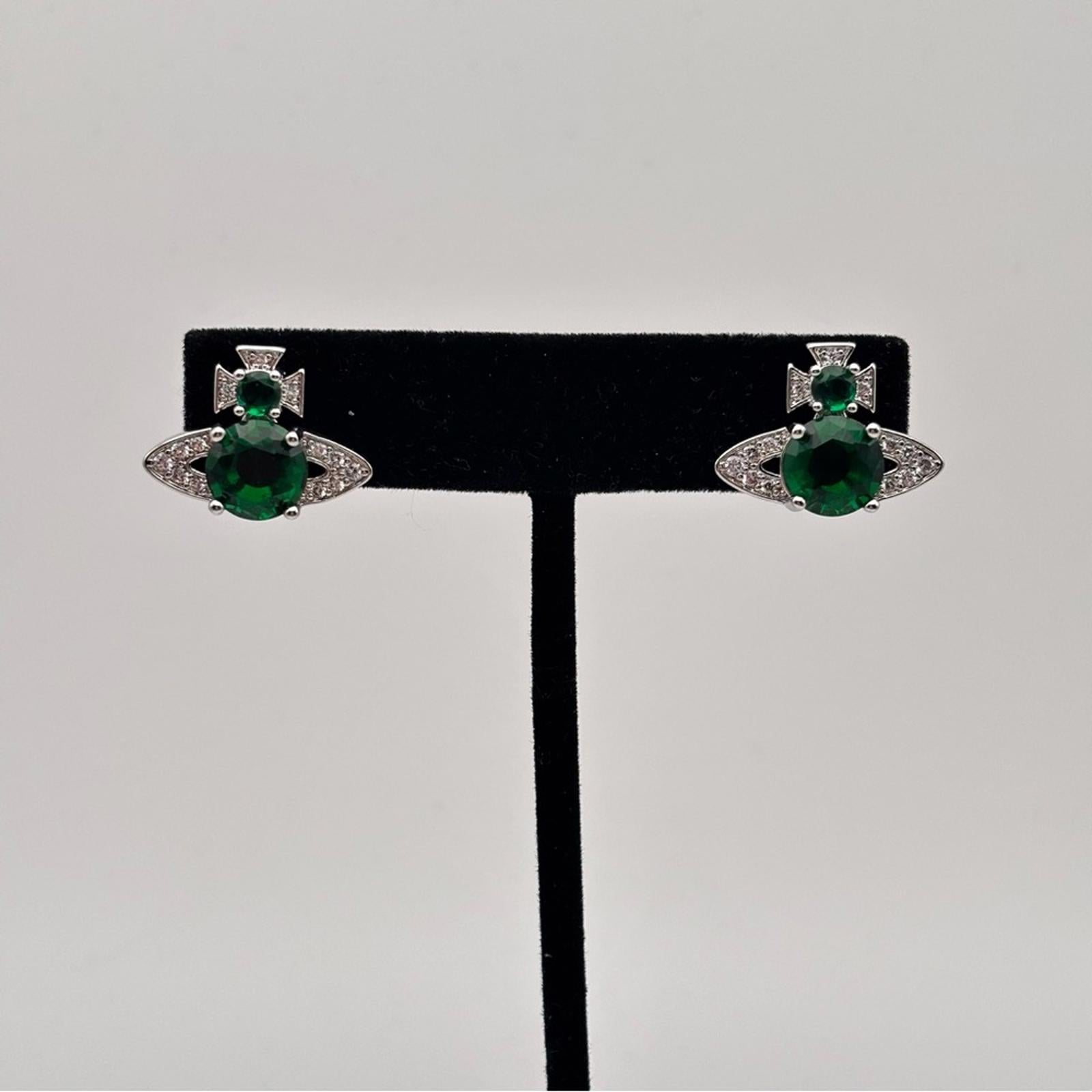 Vivienne Westwood Ismere Emerald Orb Crystal Stud Earrings Silver Tone