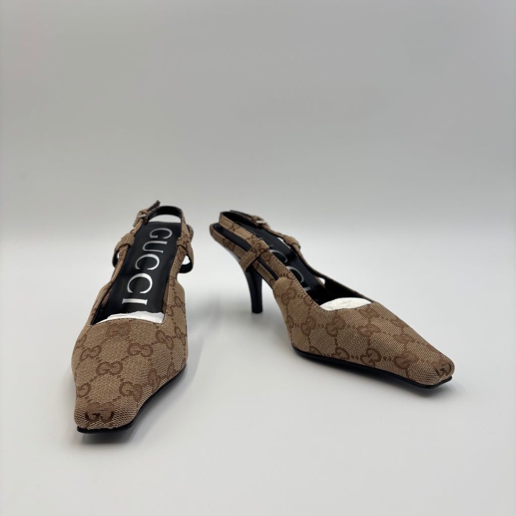 Gucci GG Canvas Slingback Kitten Heels Brown Monogram