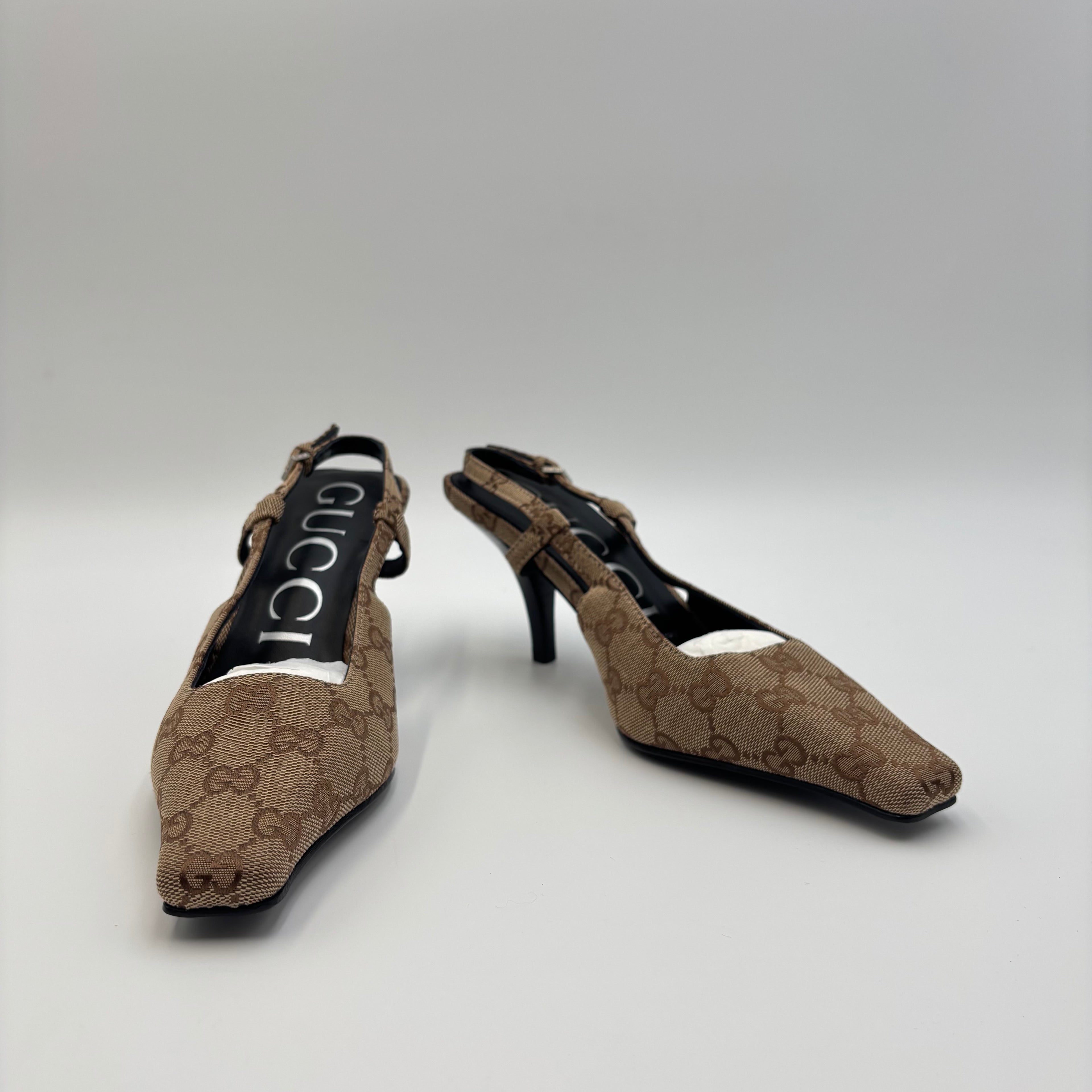 Gucci GG Canvas Slingback Kitten Heels Brown Monogram