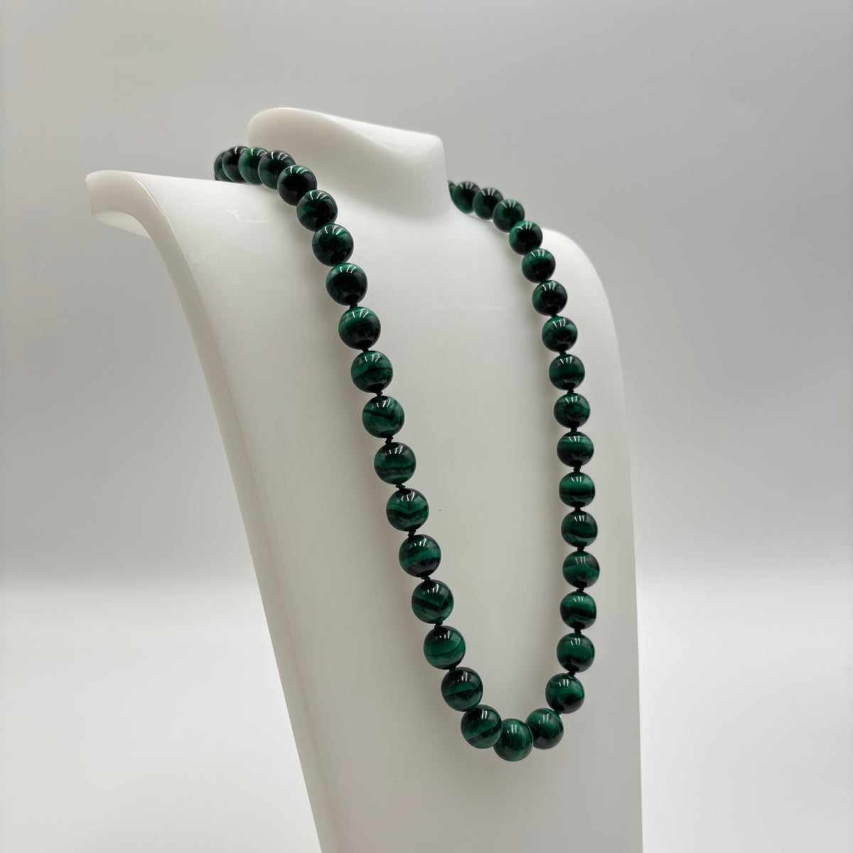Vintage Natural Malachite Beaded Necklace with 14K Gold-Filled Filigree Clasp