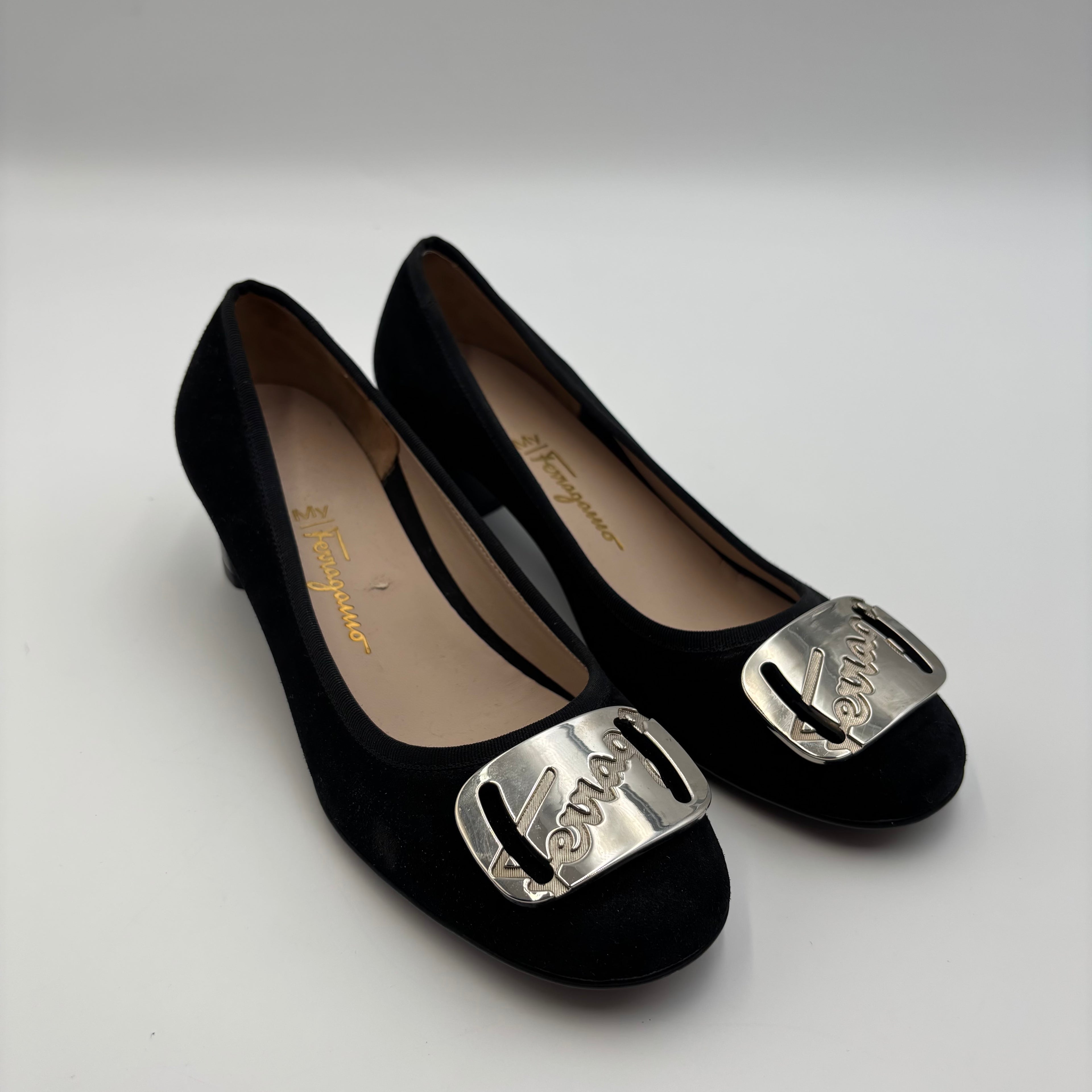 Salvatore Ferragamo My Ferragamo Black Suede Block Heel Pumps