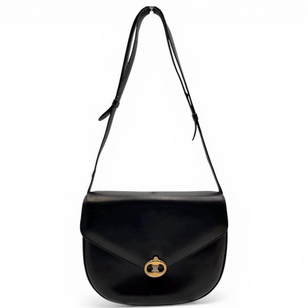 Celine Vintage Black Leather Triomphe Shoulder Bag