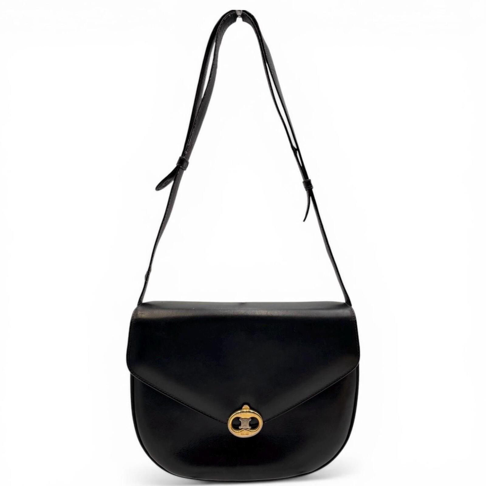 Celine Vintage Black Leather Triomphe Shoulder Bag