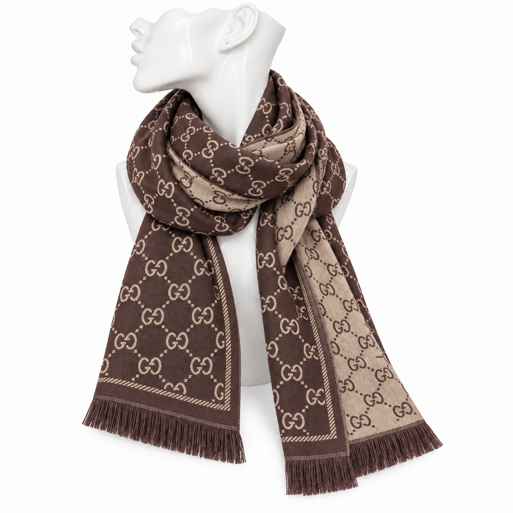 Gucci Reversible GG Monogram Jacquard Scarf in Brown and Beige