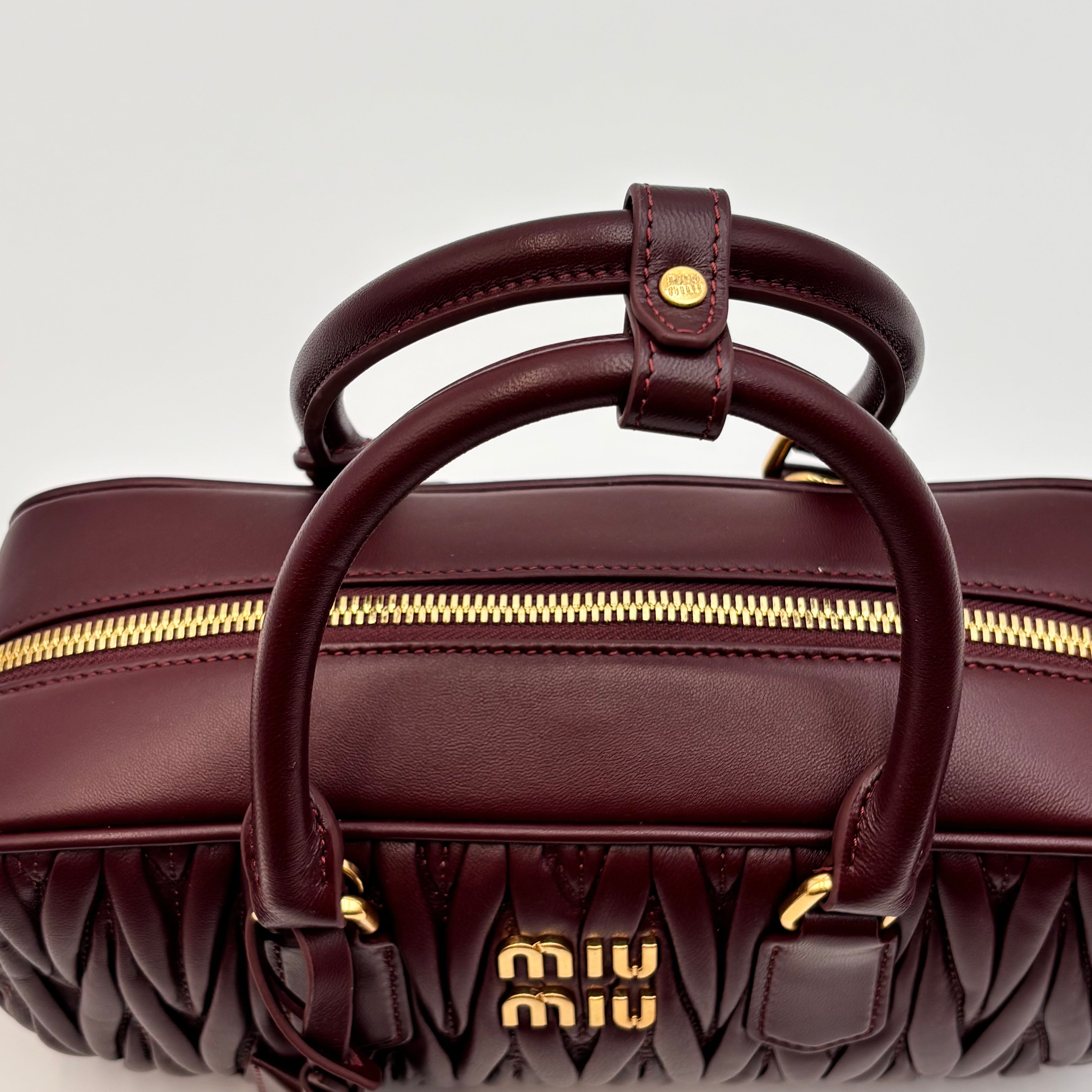 Miu Miu Arcadie Burgundy Matelassé Leather Top Handle Boston Bag With Strap
