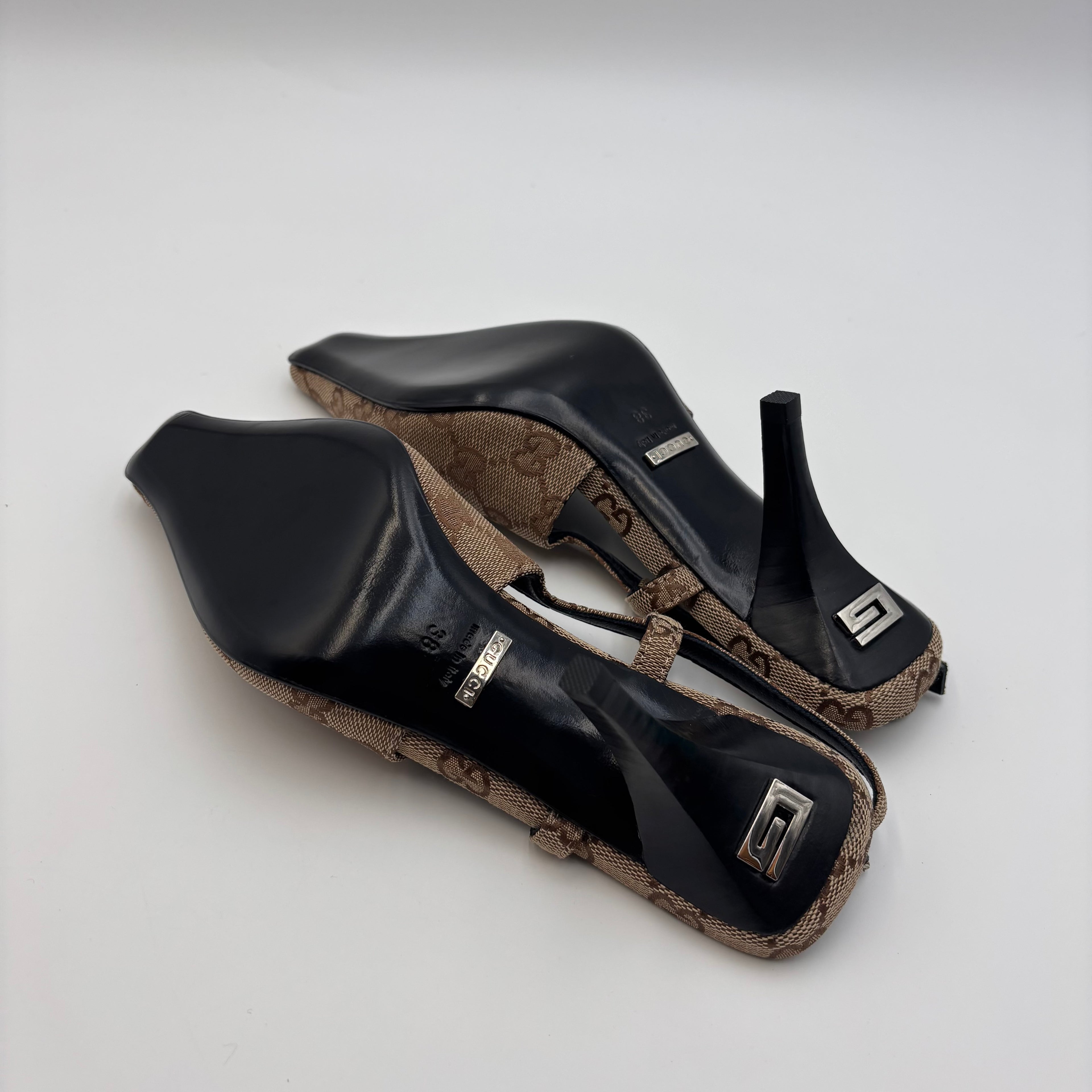 Gucci GG Canvas Slingback Kitten Heels Brown Monogram