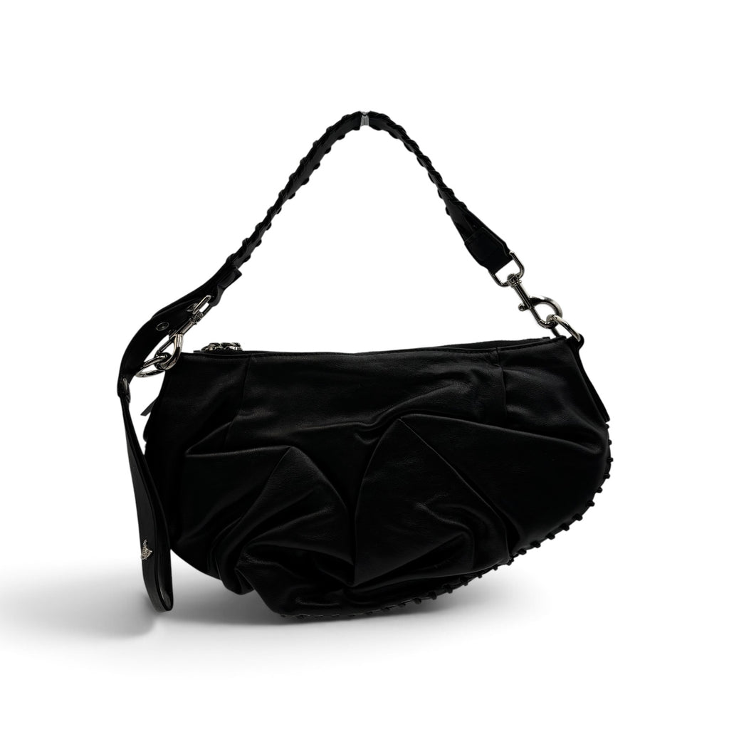 Vivienne Westwood Agnes Small Black Leather Ruched Shoulder Bag