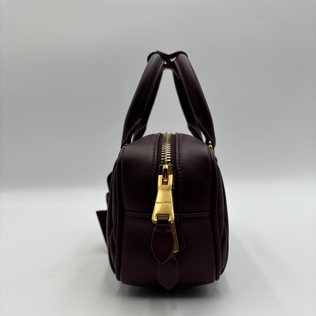 Miu Miu Arcadie Burgundy Matelassé Leather Top Handle Boston Bag With Strap