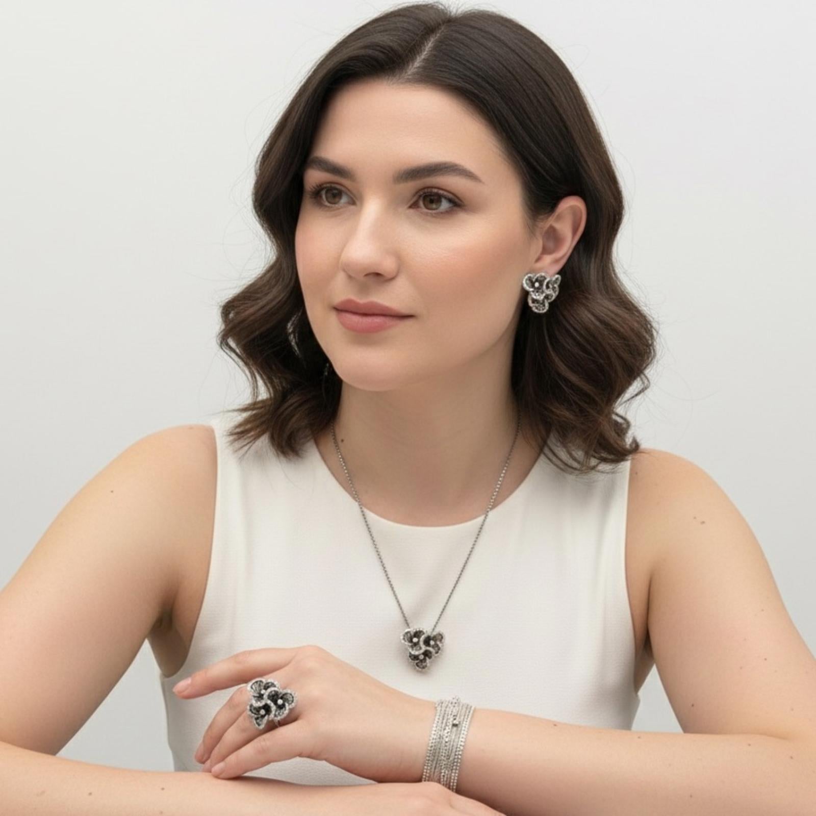 Tocara Sterling Silver Floral Necklace, Ring & Earrings Set – Made In Italy
