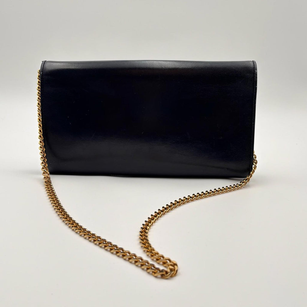 Gucci Vintage Navy Leather Chain Shoulder Bag Gold Hardware