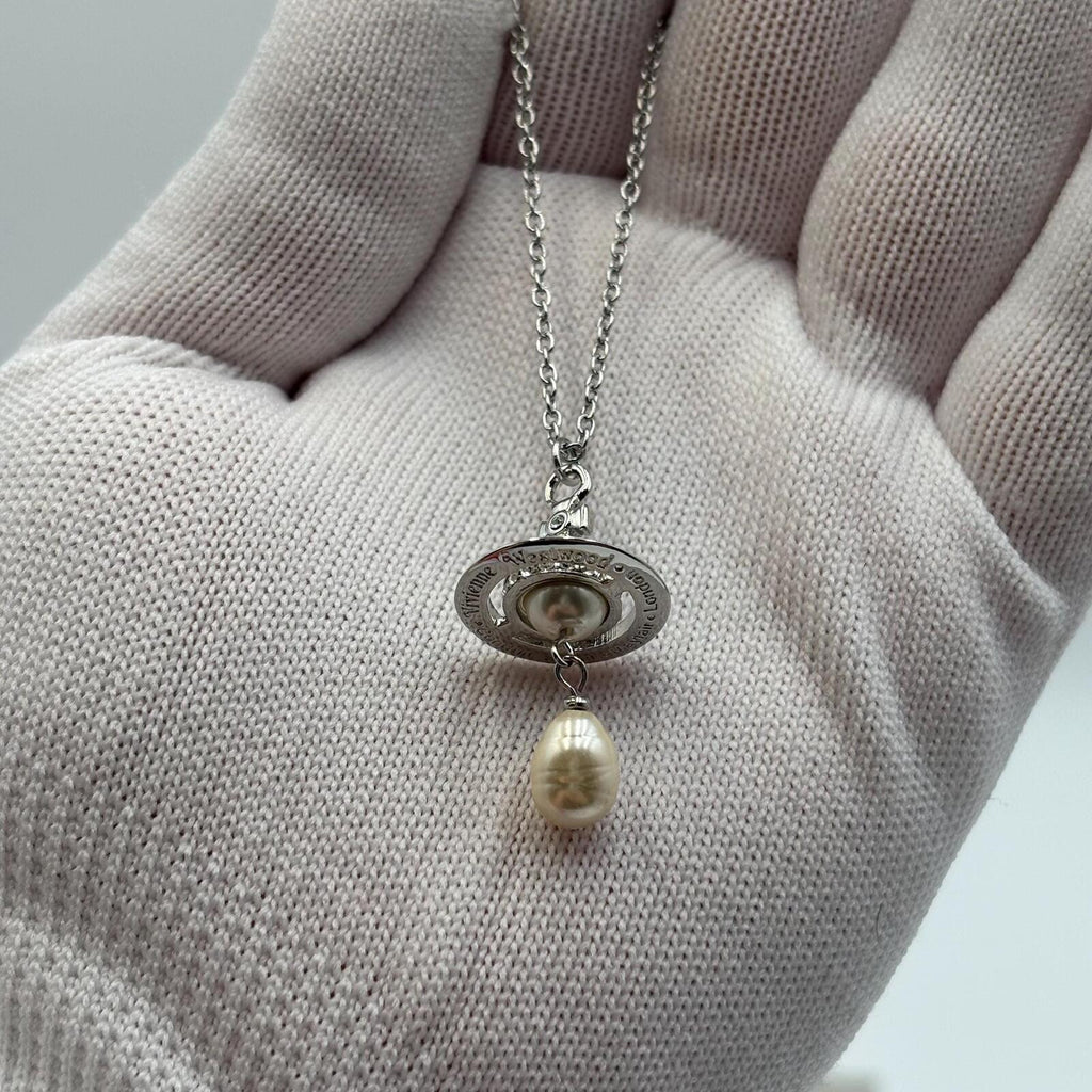 Vivienne Westwood Aleksa Orb Pearl Drop Pendant Necklace Silver Crystal