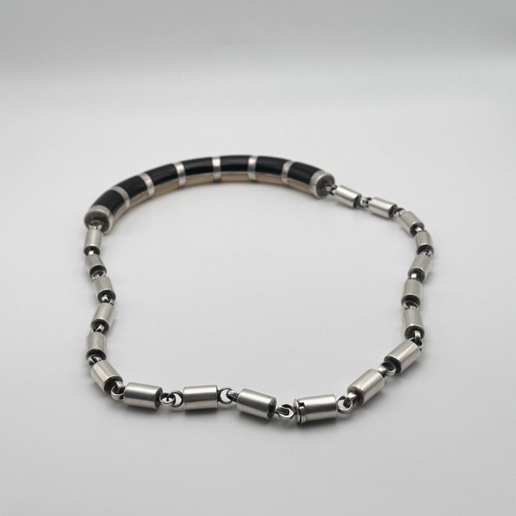 Vintage Heavy Sterling Silver Necklace With Onyx & Nacré (Mother Of Pearl)