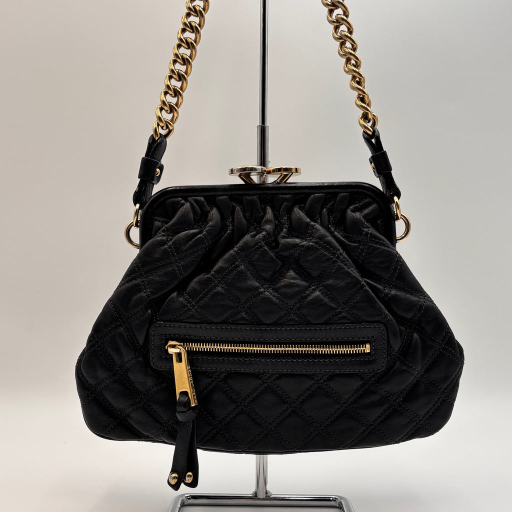 Marc Jacobs 2008 Stam Quilted Leather Frame Bag Black Gold Chain Strap