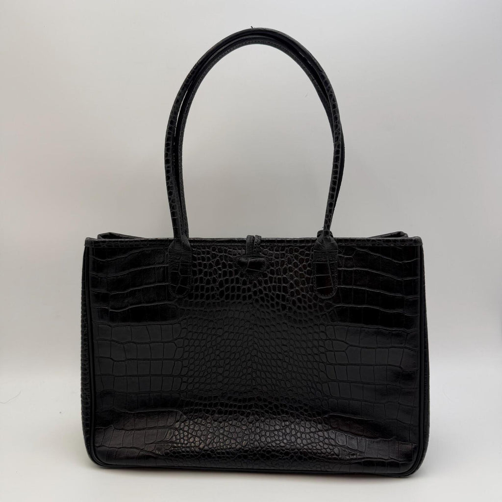 Longchamp Black Crocodile Embossed Roseau Tote