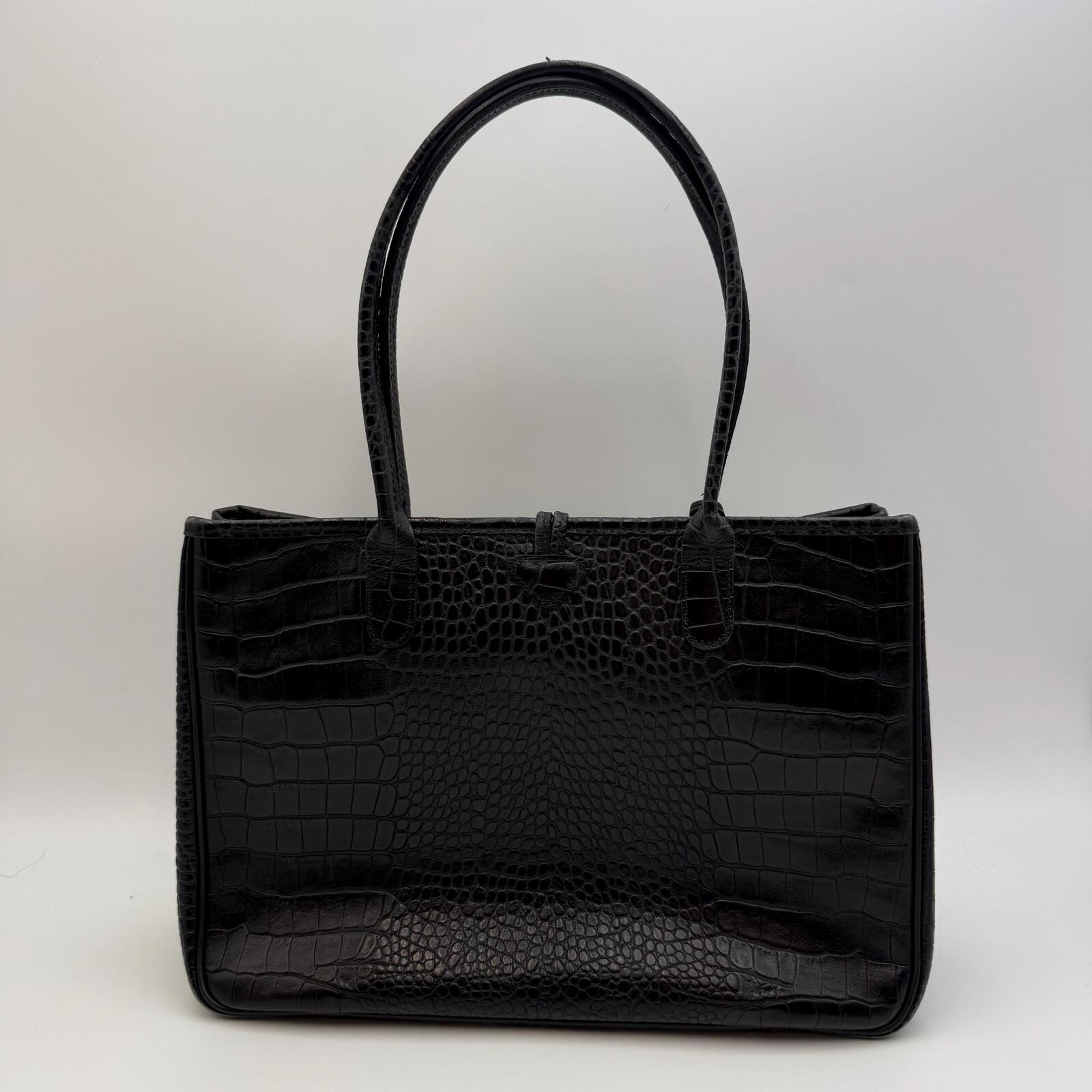 Longchamp Black Crocodile Embossed Roseau Tote