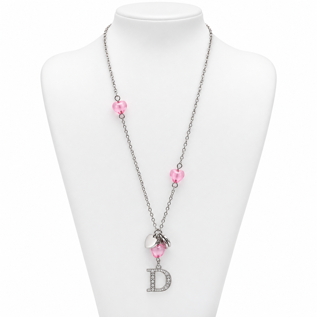 Christian Dior Pink Heart Crystal D Charm Necklace in Silver Tone 2000s