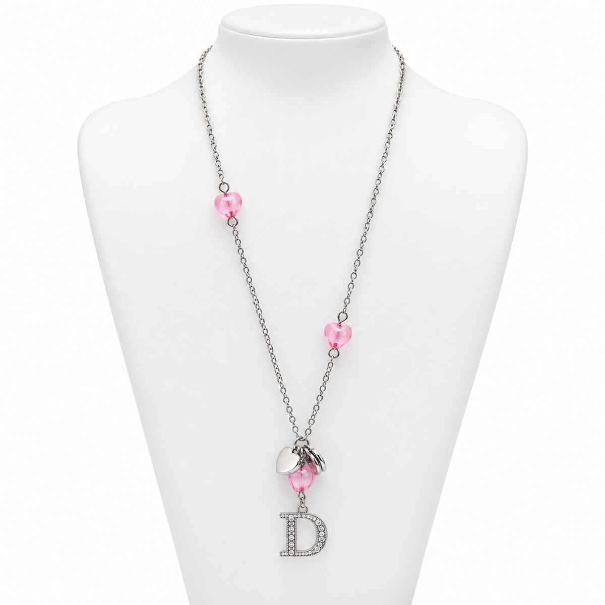 Christian Dior Pink Heart Crystal D Charm Necklace in Silver Tone 2000s