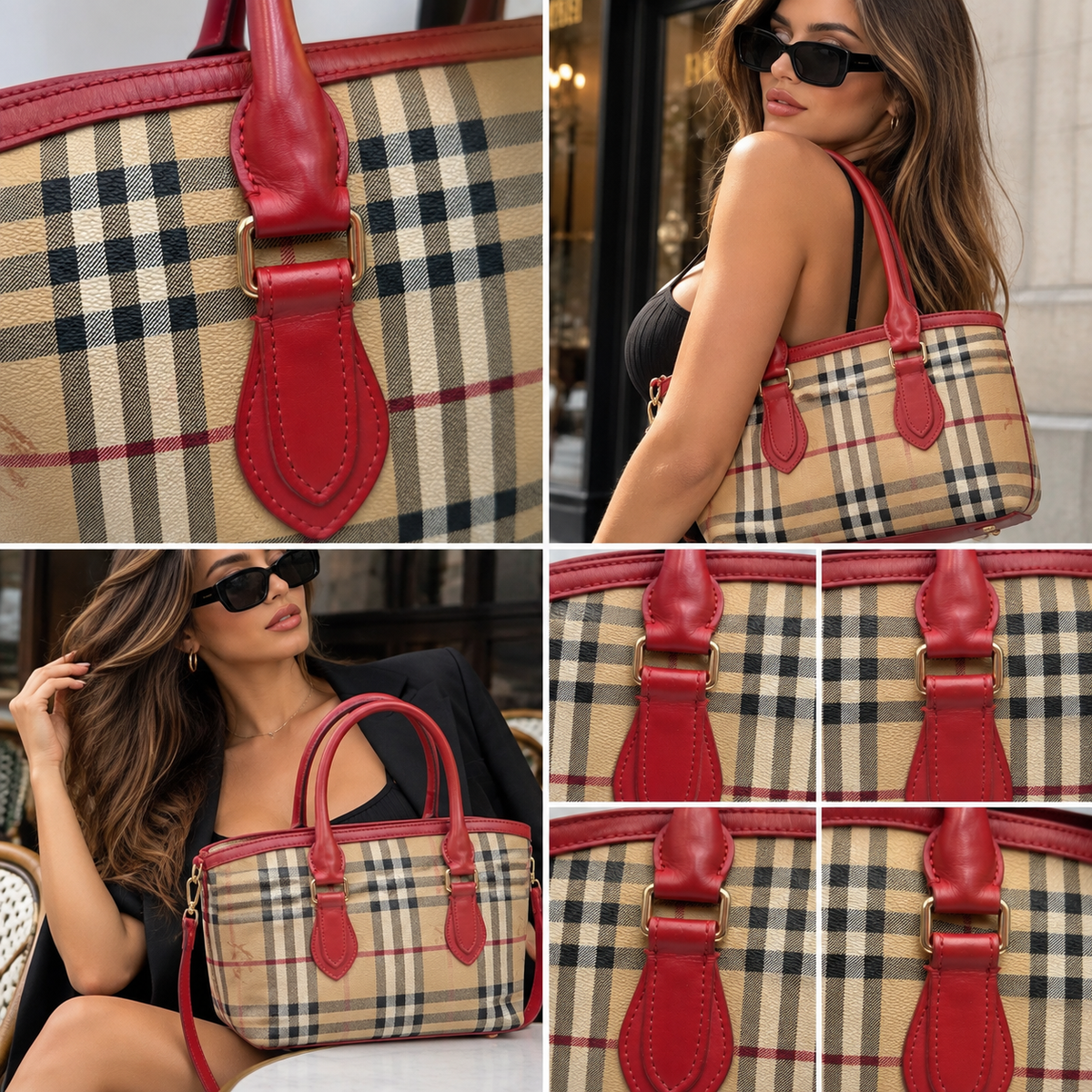 Burberry Haymarket Check Tote Bag in Beige & Red