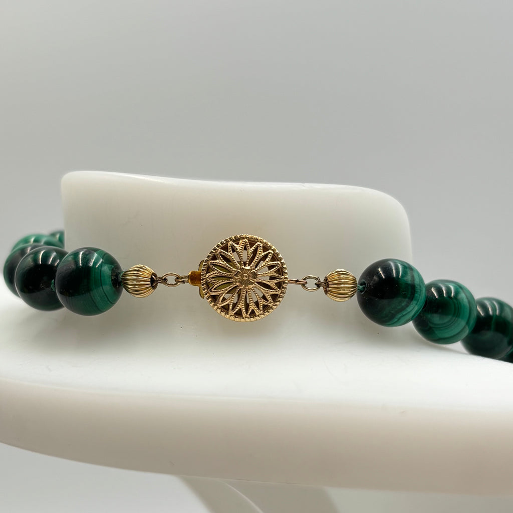 Vintage Natural Malachite Beaded Necklace with 14K Gold-Filled Filigree Clasp