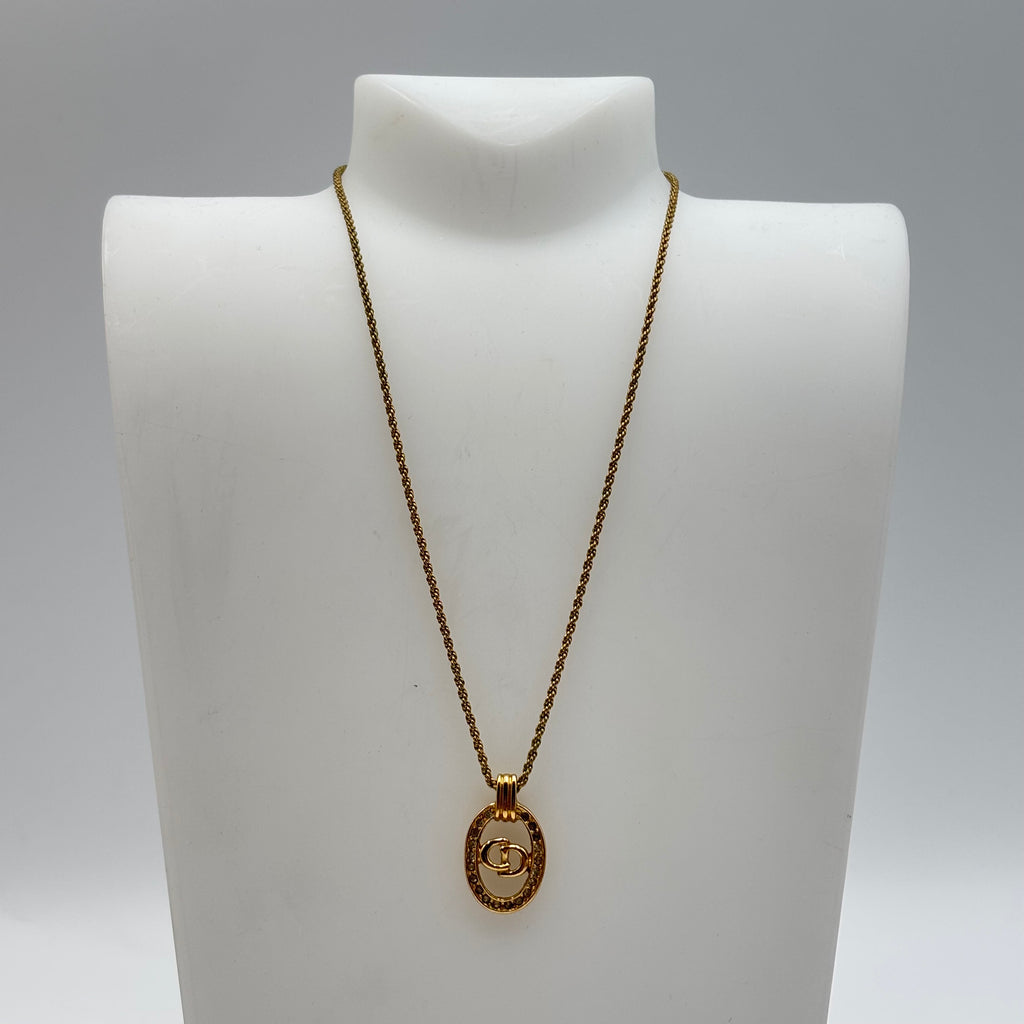 Christian Dior Gold CD Logo Oval Rhinestone Pendant Necklace