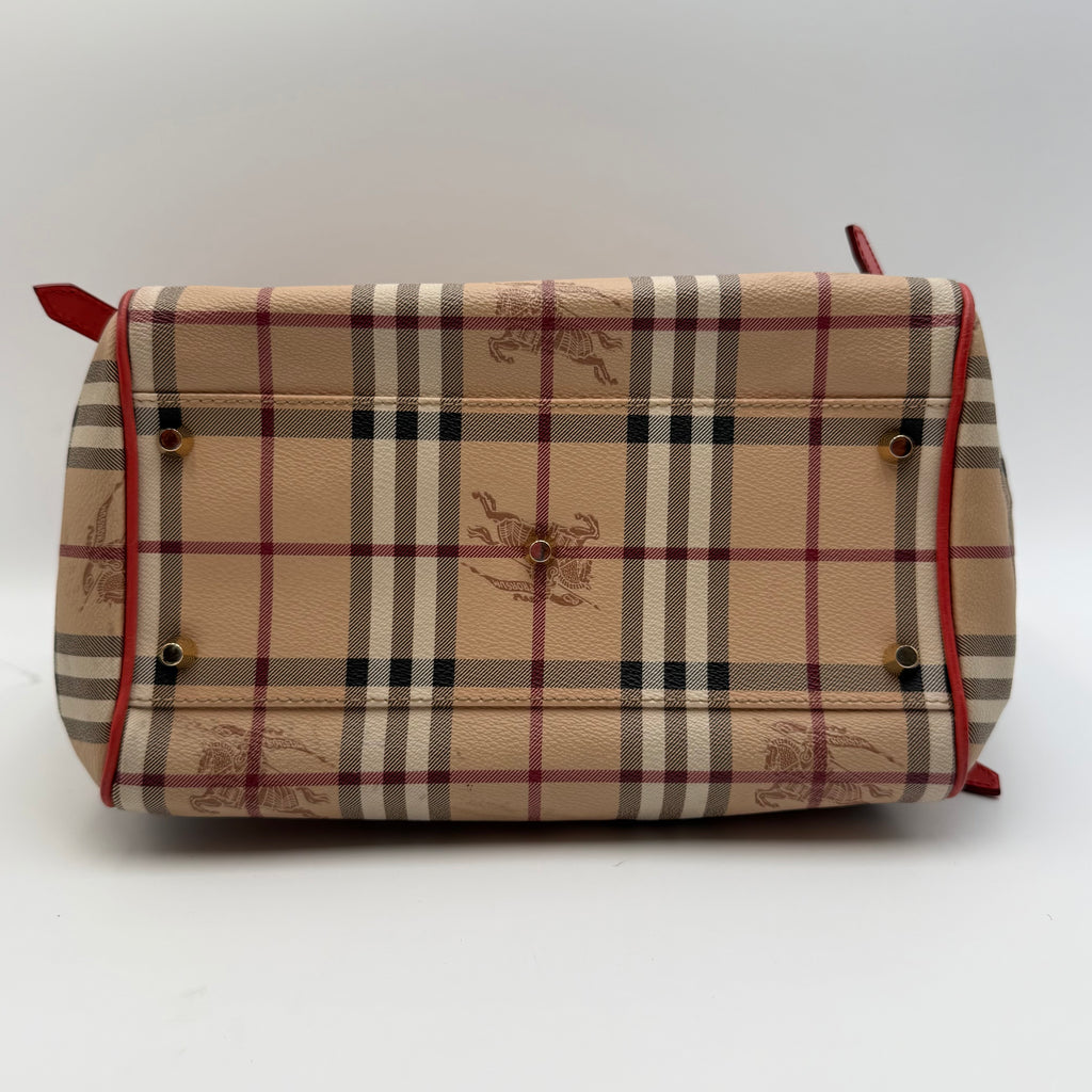 Burberry Haymarket Check Large Shopper Tote with Red Leather Trim
