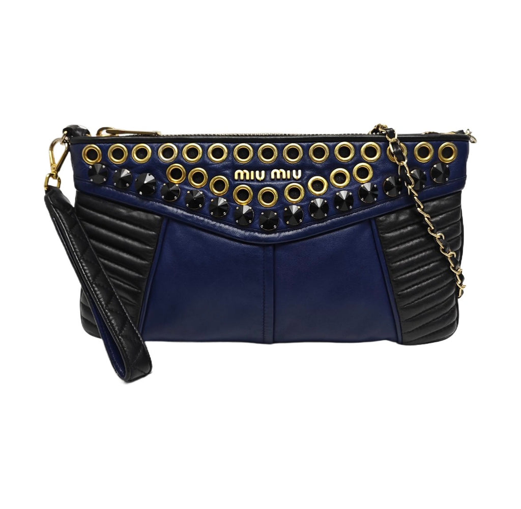 Miu Miu by Miuccia Prada Nappa Biker Crystal Embellished Quilted Clutch circa 2004