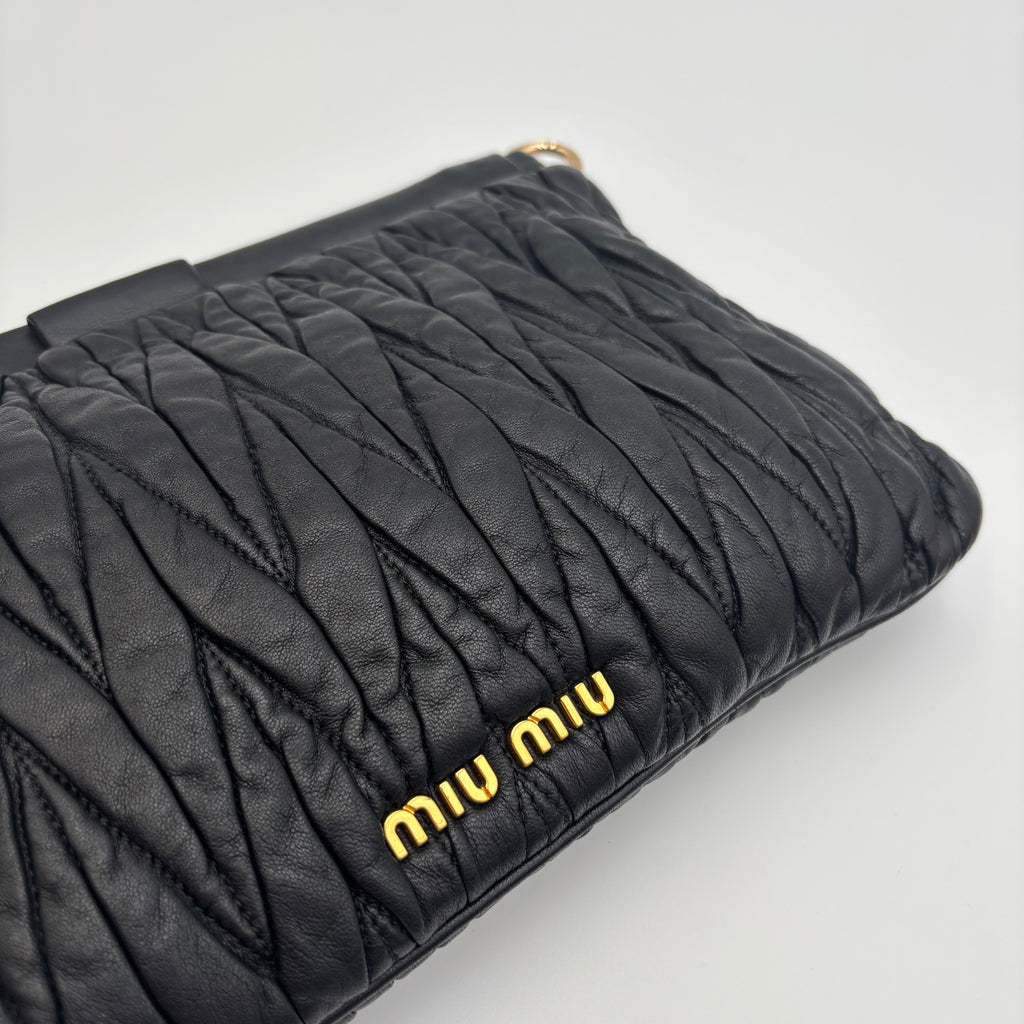 Miu Miu Matelassé Black Leather Clutch with Gold Chain 2000s