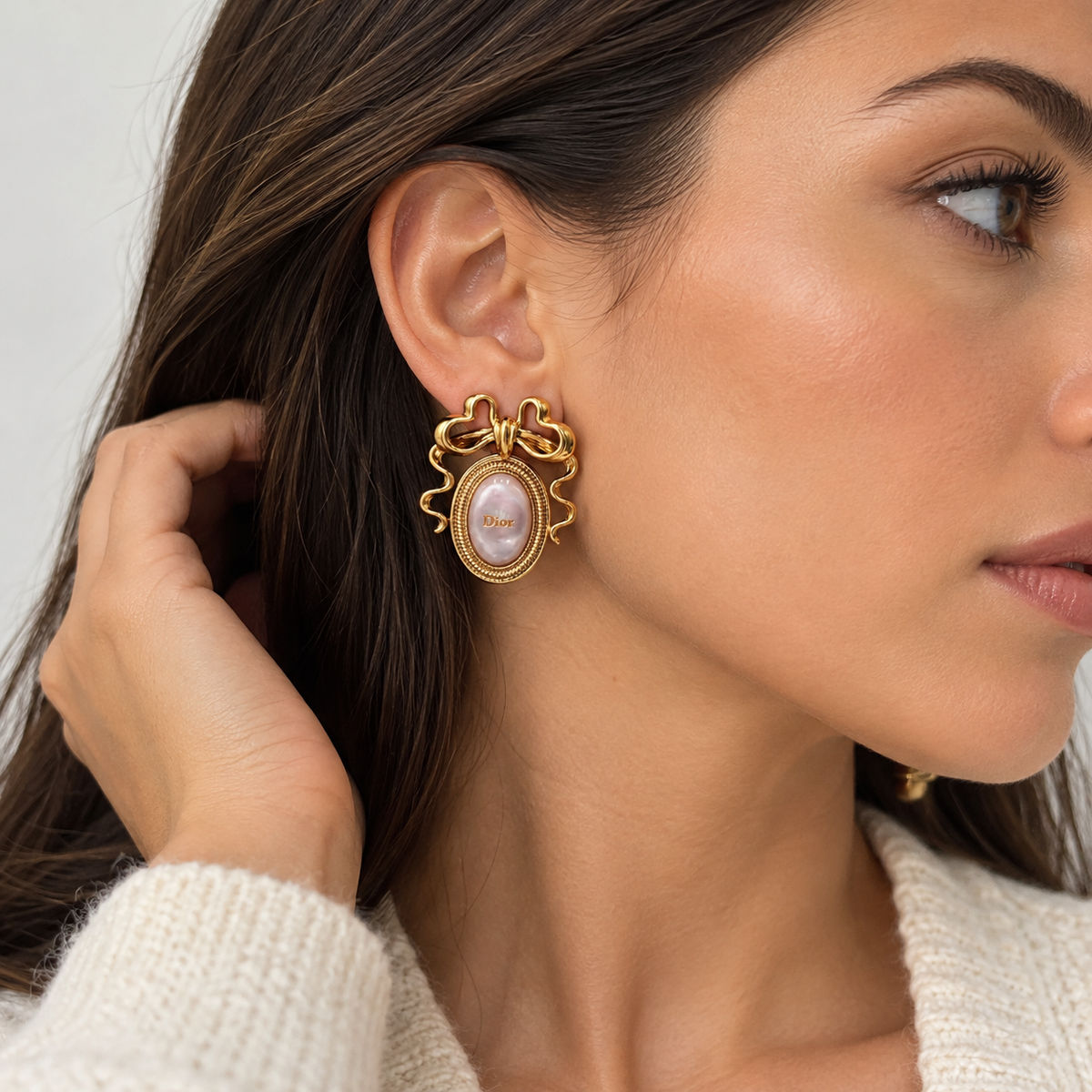 Dior Gold-Tone Bow & Pearlescent Medallion Earrings