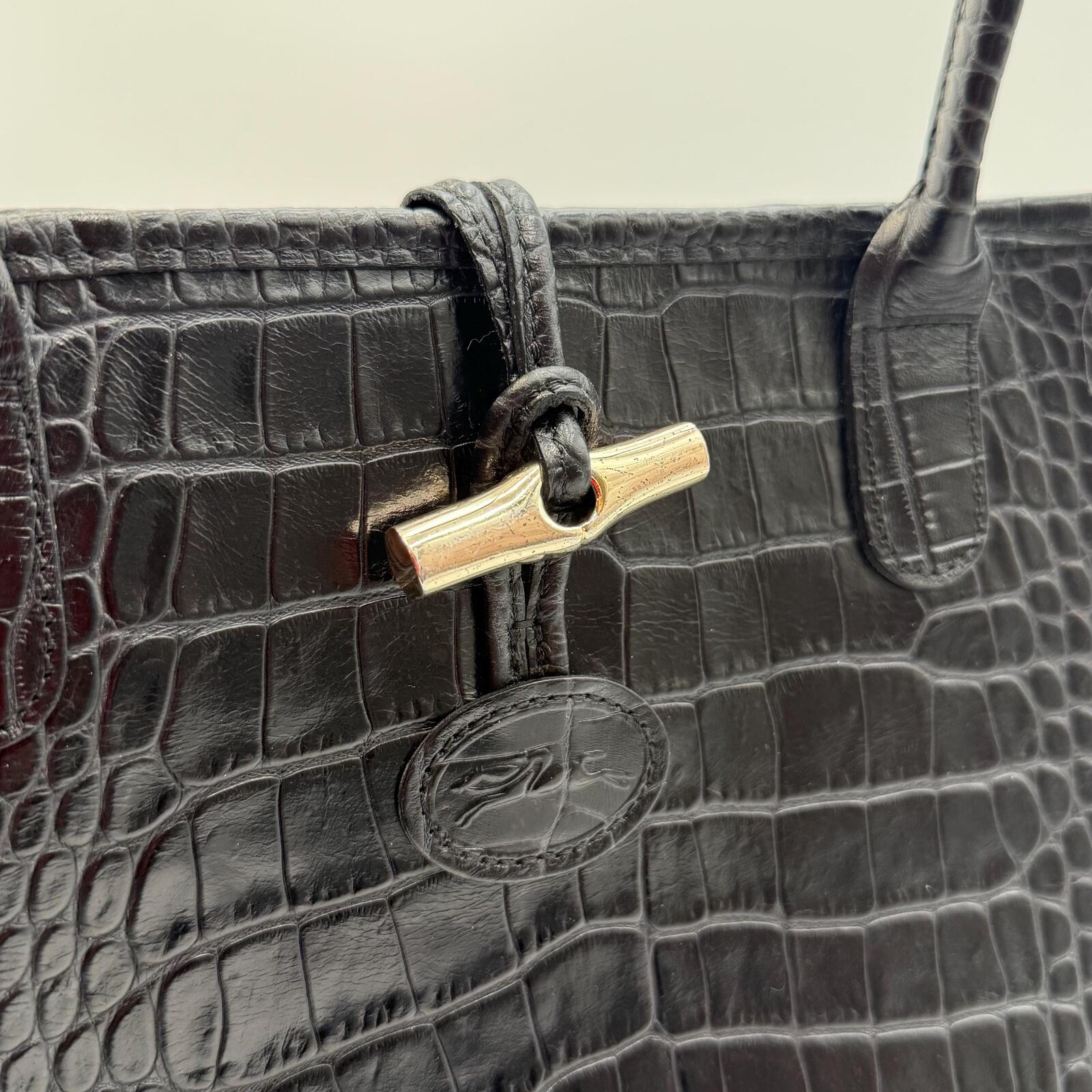 Longchamp Black Crocodile Embossed Roseau Tote