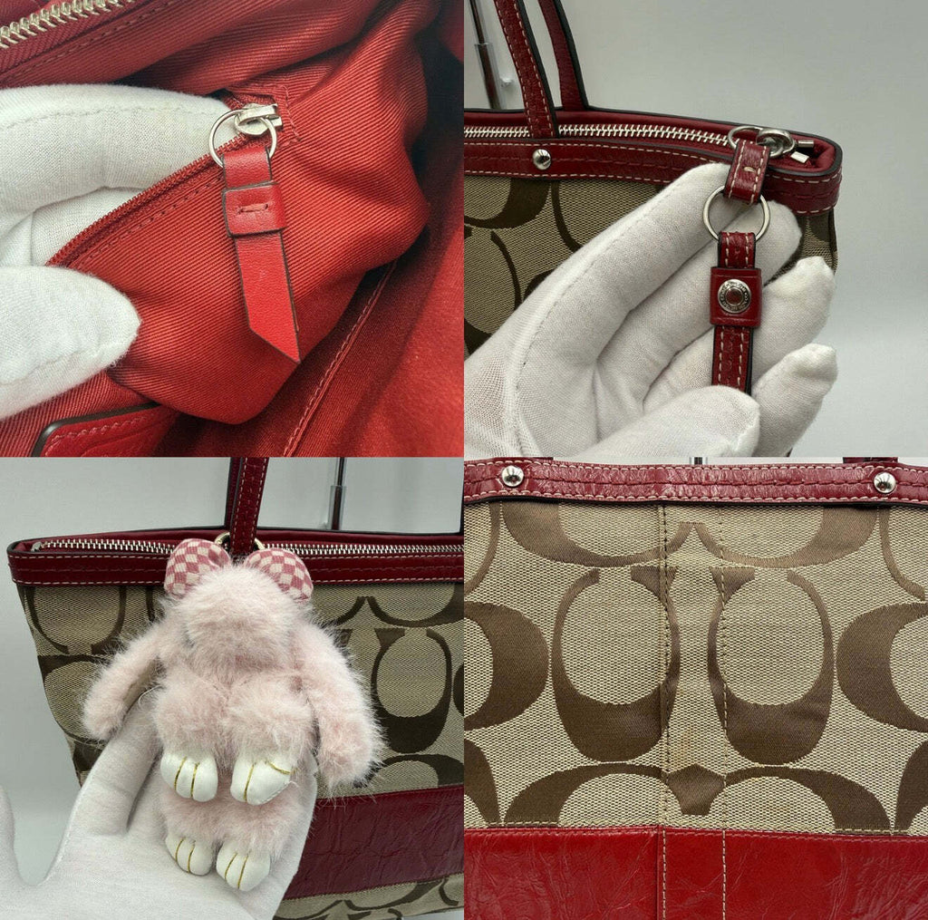 Coach Signature Jacquard Burgundy Leather Tote Bag by Coach