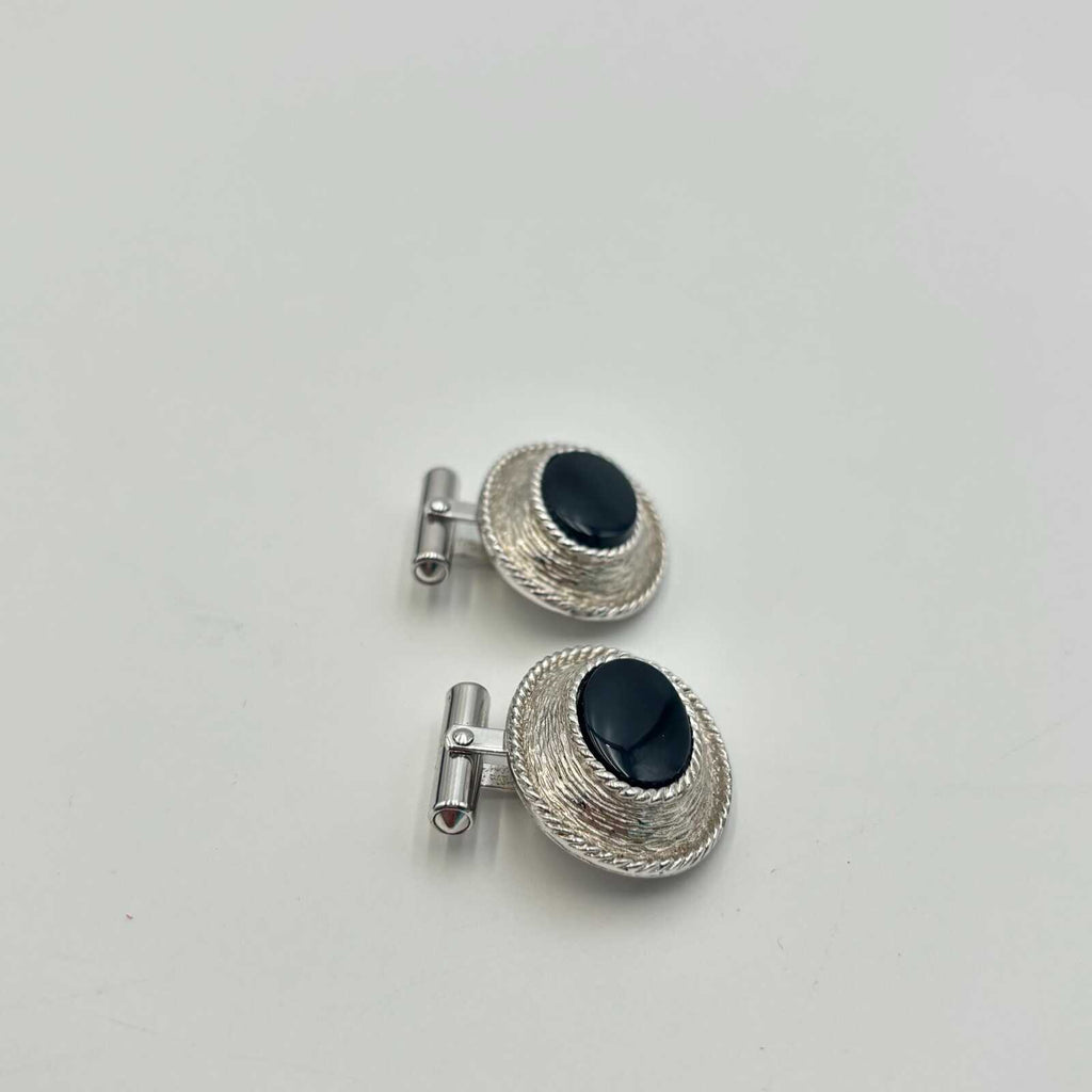 Christian Dior Silver Tone Oval Cufflinks with Black Cabochon