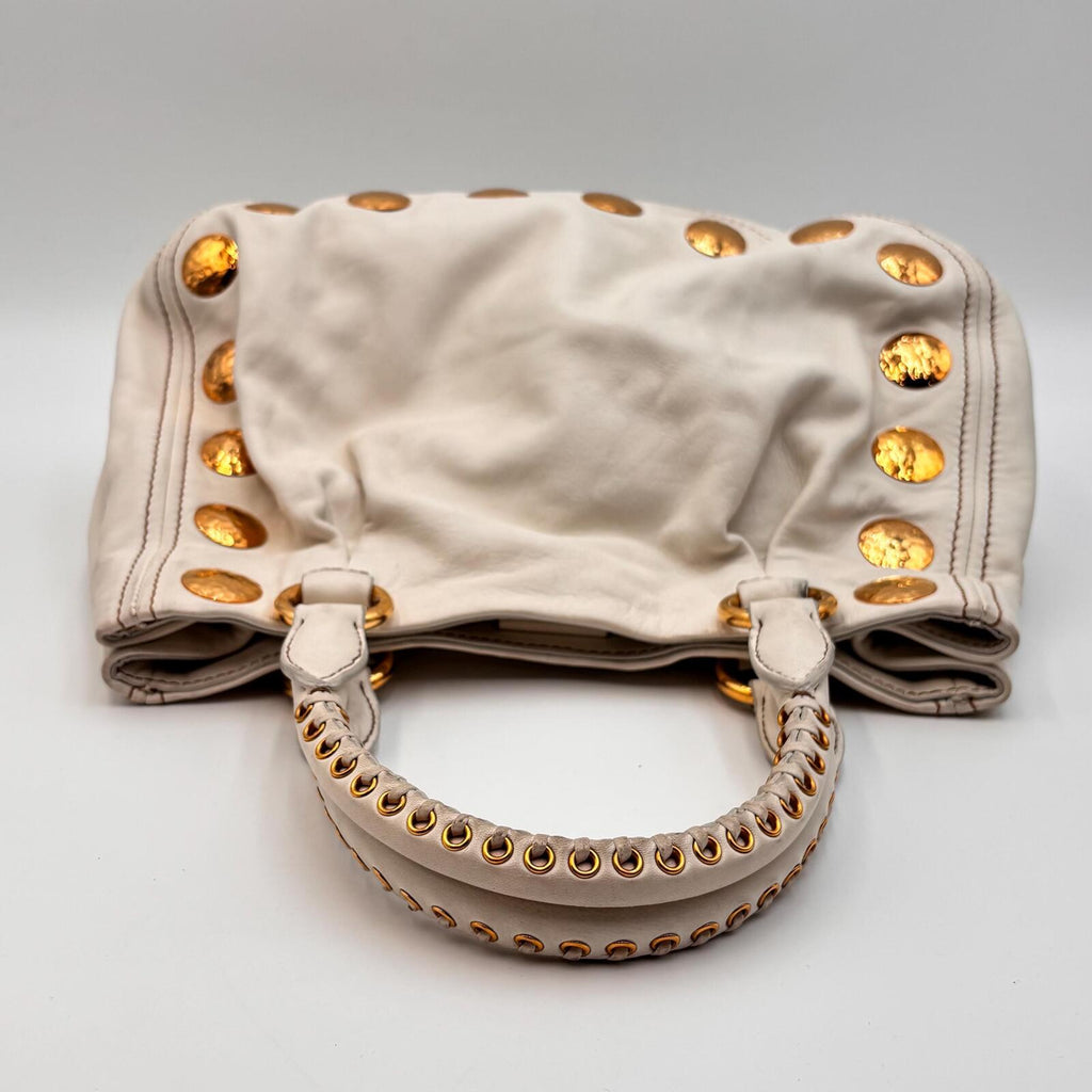 Miu Miu White Leather Studded Tote Bag With Strap