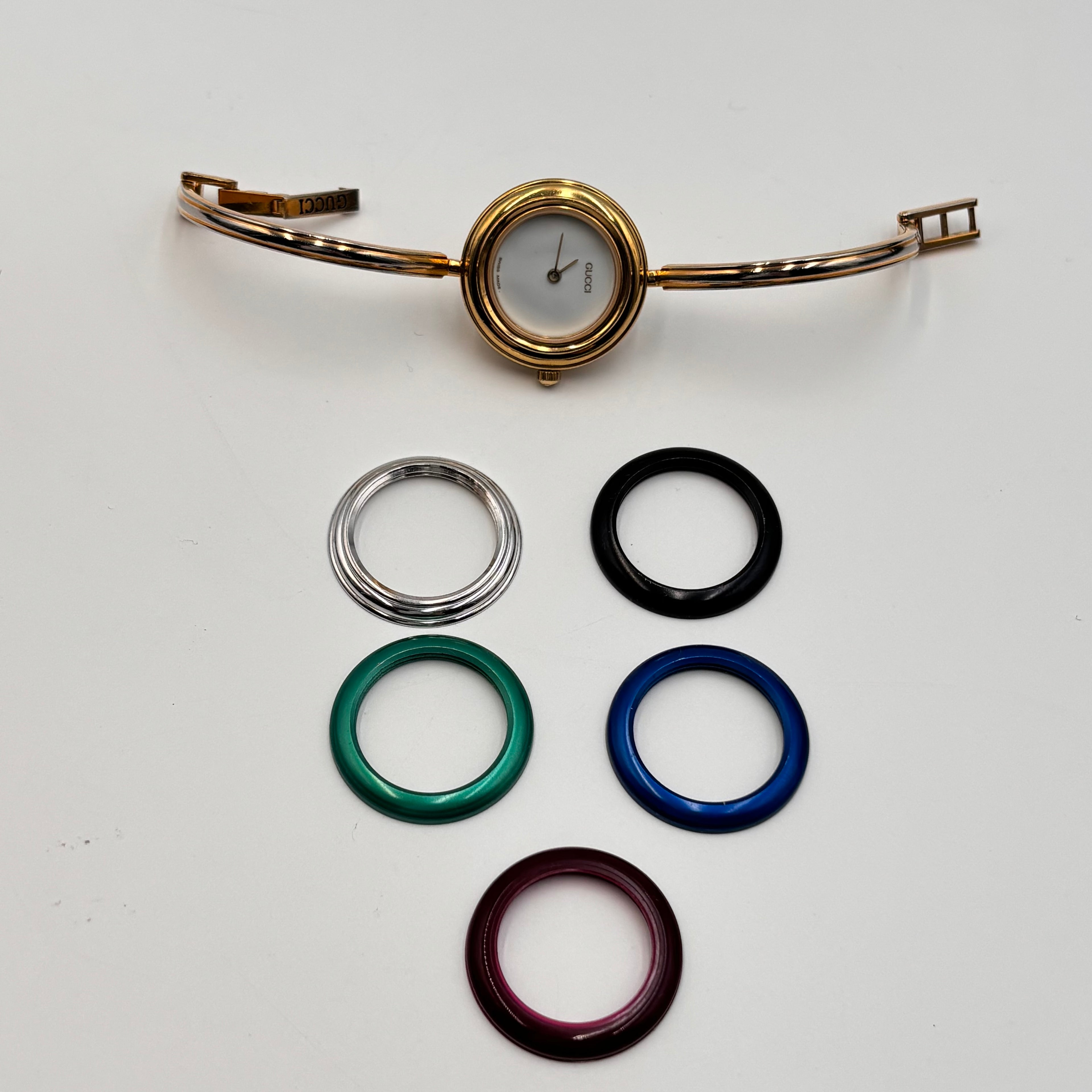 Gucci Gold Tone Interchangeable Bezel Bangle Watch Set