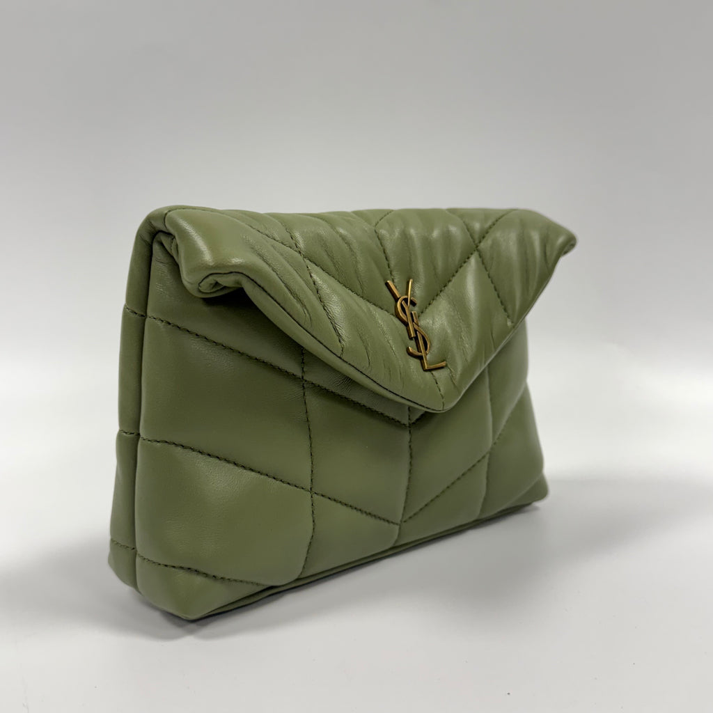 Saint Laurent Loulou Puffer Small Pouch in Olive Green Leather