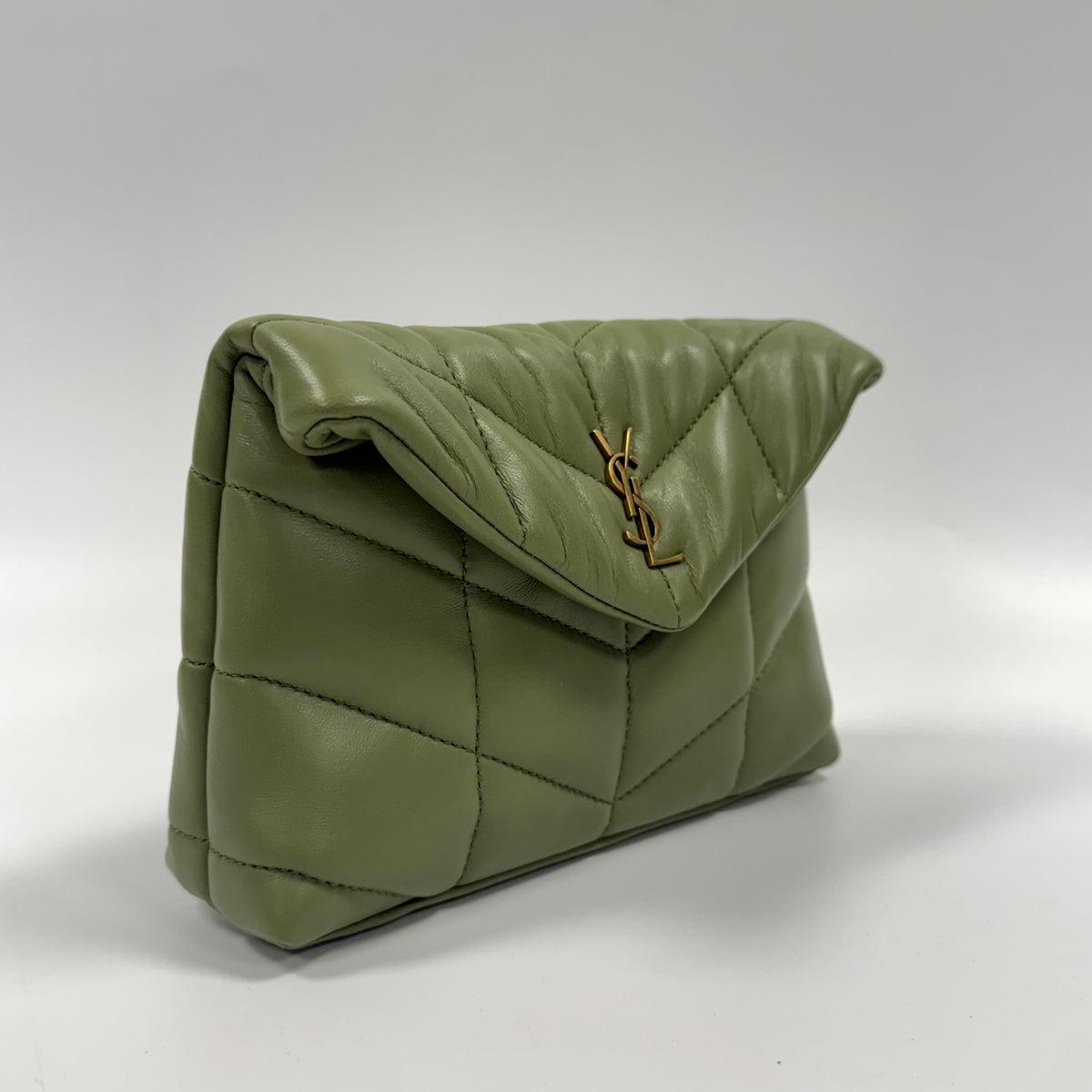 Saint Laurent Loulou Puffer Small Pouch in Olive Green Leather