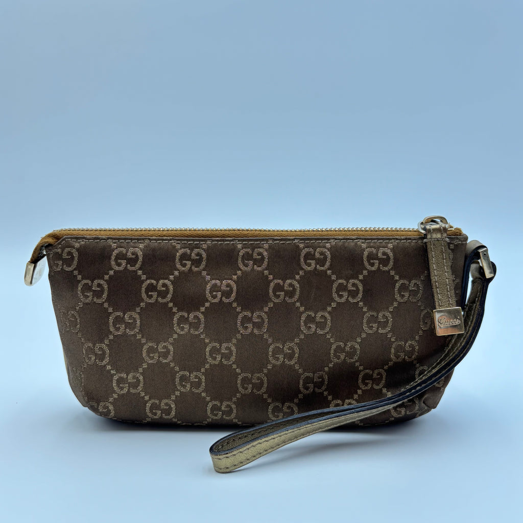 Gucci GG Canvas Bow Wristlet Pouch Metallic Gold Leather