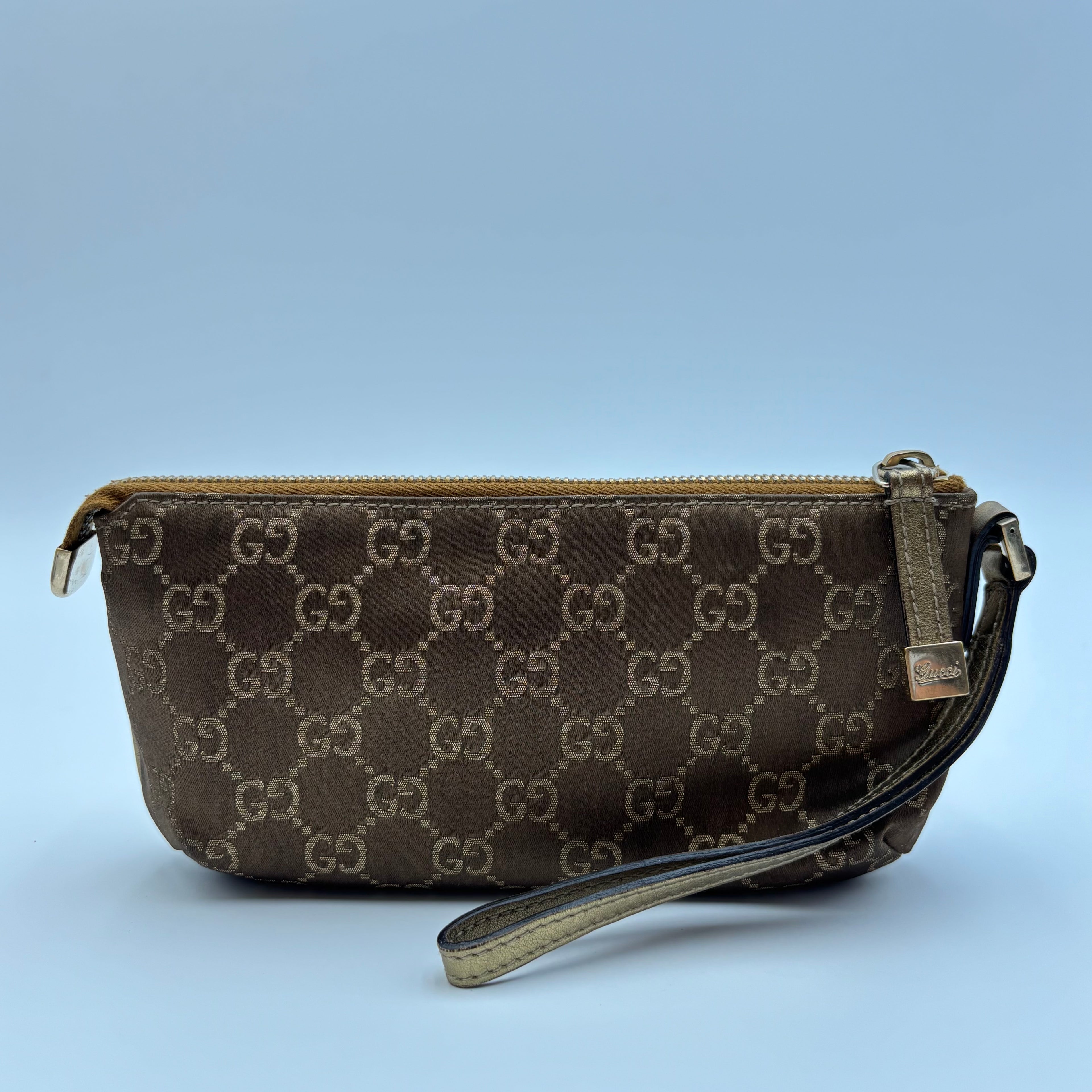 Gucci GG Canvas Bow Wristlet Pouch Metallic Gold Leather