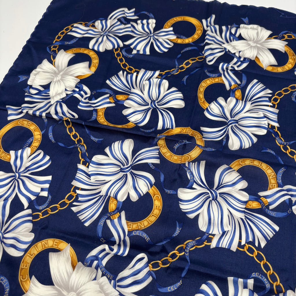 Celine Paris Scarf Navy Gold Chain Bow & Floral Print