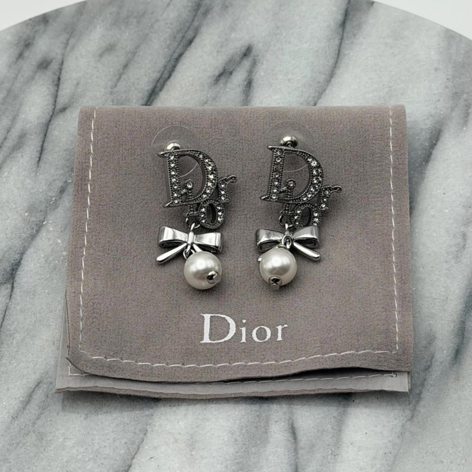 Christian Dior Logo Pearl Bow Drop Earrings Silver Tone