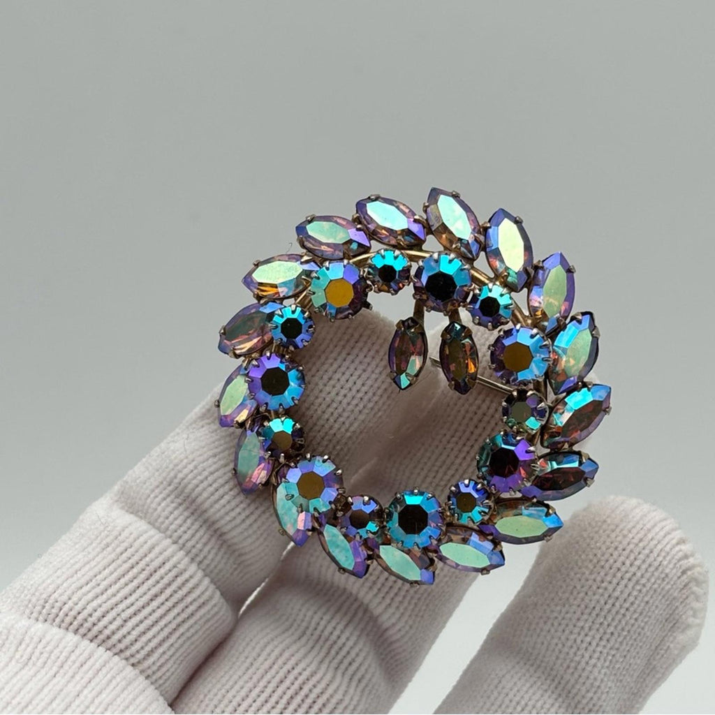 Sherman Vintage Aurora Borealis Crystal Wreath Brooch