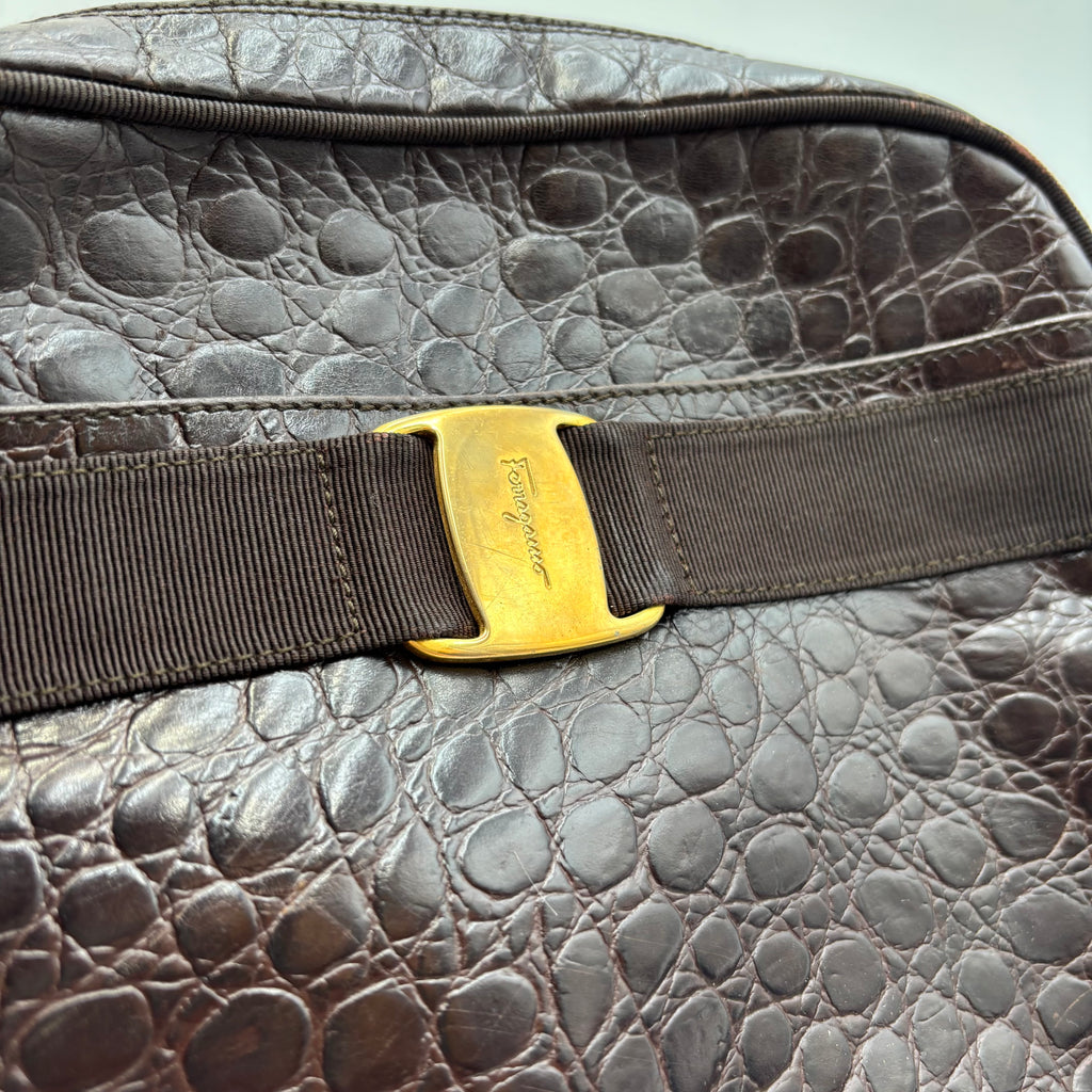 Salvatore Ferragamo Vara Croc-Embossed Leather Crossbody Bag in Dark Brown