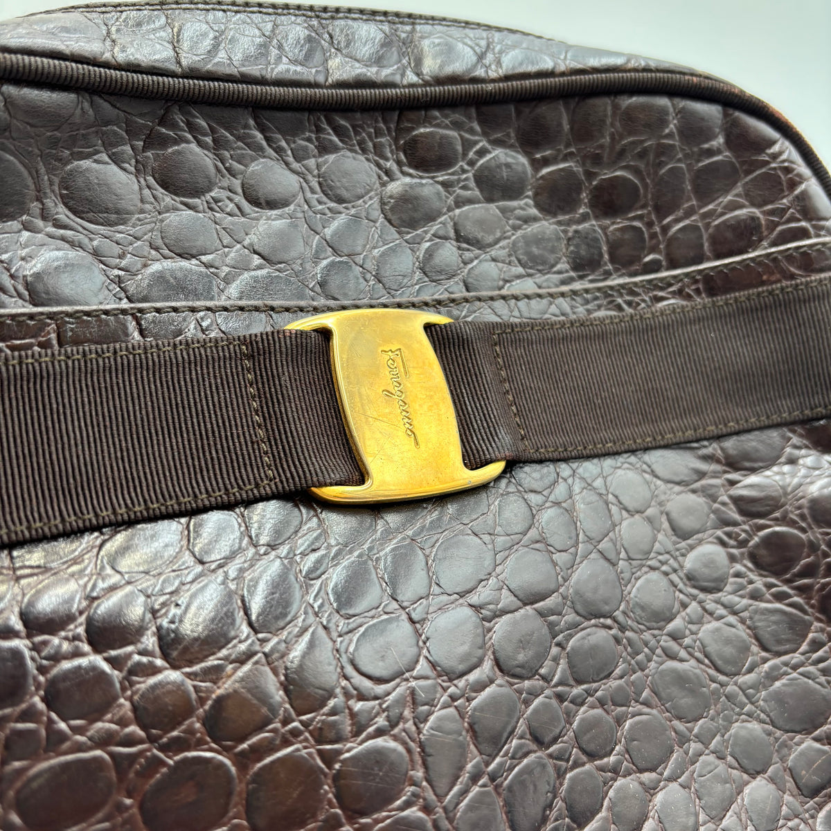 Salvatore Ferragamo Vara Croc-Embossed Leather Crossbody Bag in Dark Brown