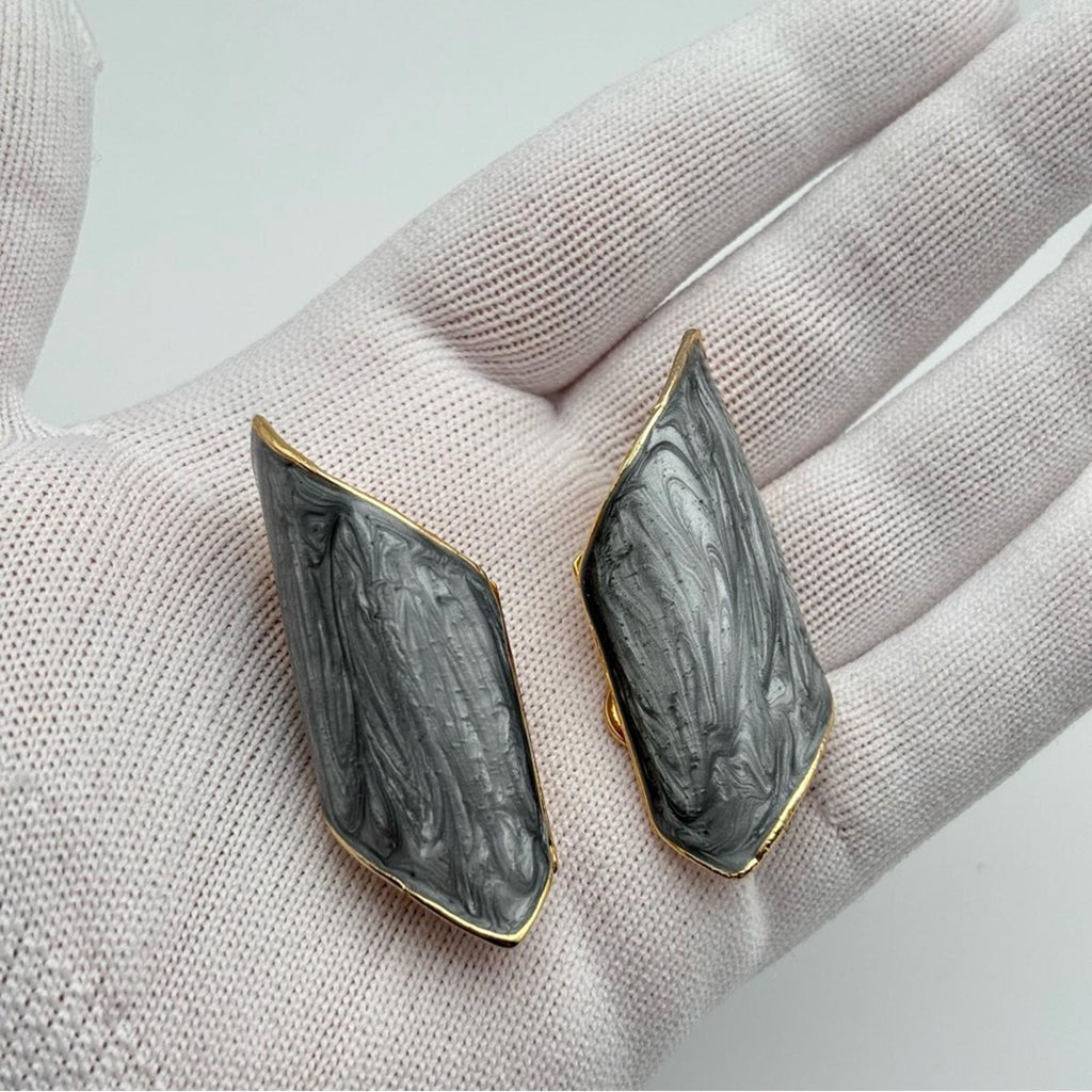 Vintage Grey Marbled Resin Geometric Clip-On Statement Earrings Gold Tone